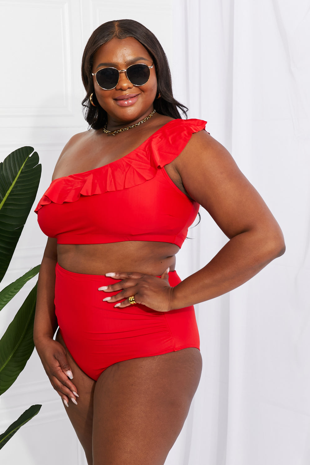 Marina West Swim Seaside Romance Ruffle One-Shoulder Bikini in Red - The Boutie Shop