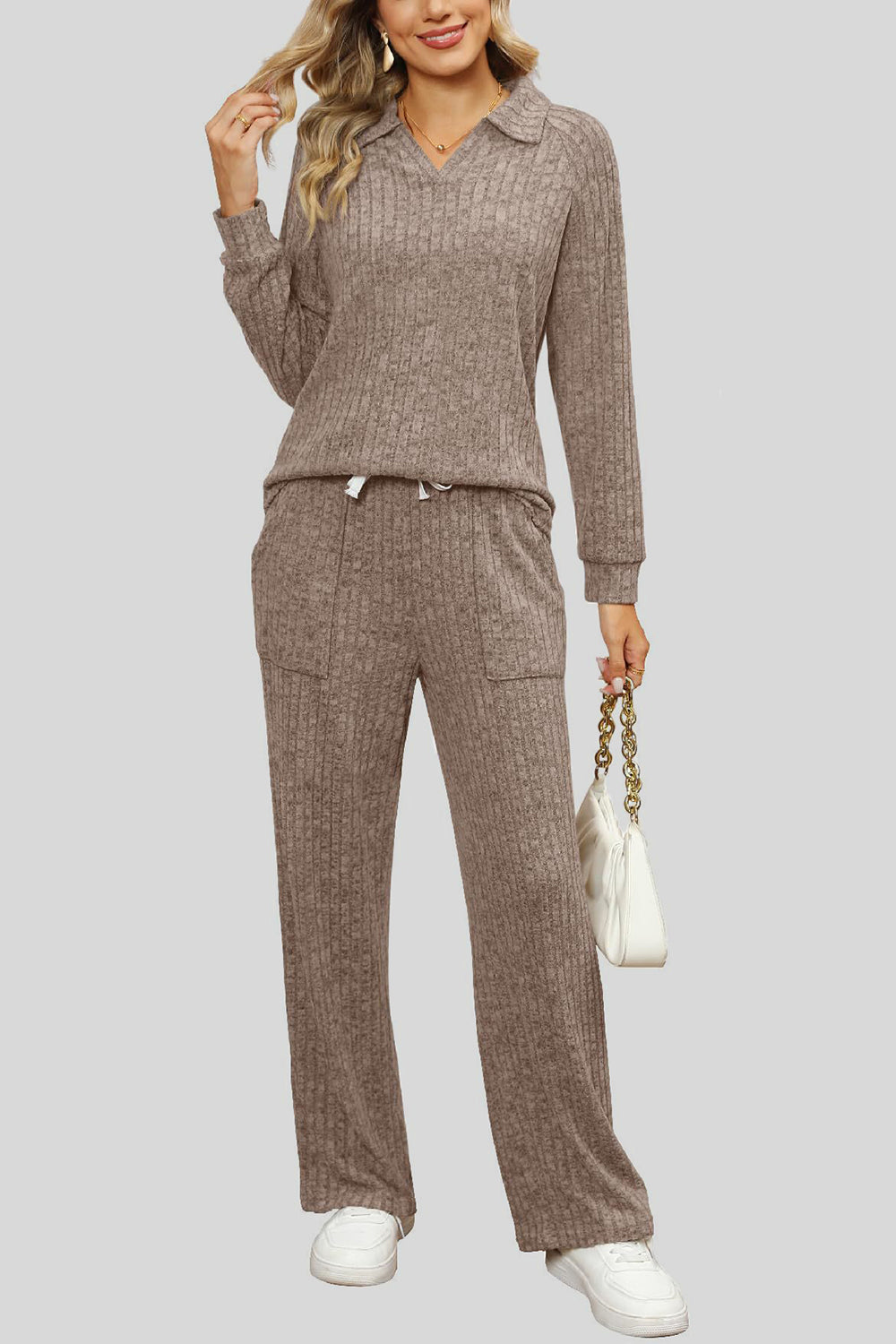 Ribbed Long Sleeve Top and Pocketed Pants Set - The Boutie Shop