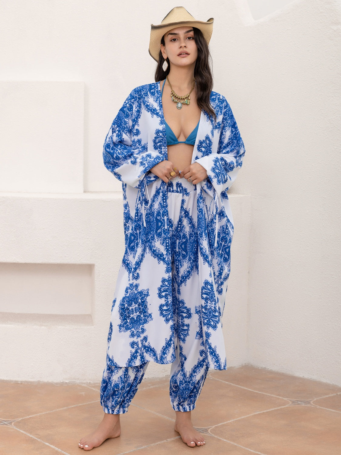 Printed Open Front Top and Pants Set - The Boutie Shop