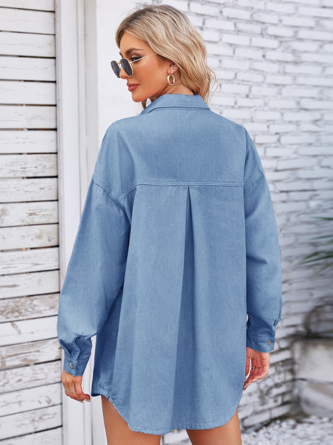 Pocketed Snap Down Dropped Shoulder Denim Shacket - The Boutie Shop