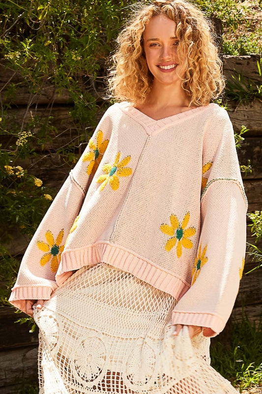 POL V-Neck Floral Pattern Chenille Sweater - The Boutie Shop