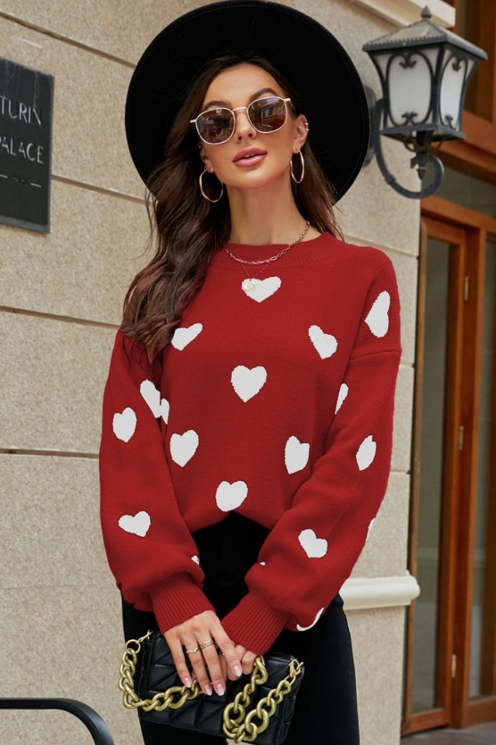 Woven Right Heart Pattern Lantern Sleeve Round Neck Tunic Sweater - The Boutie Shop