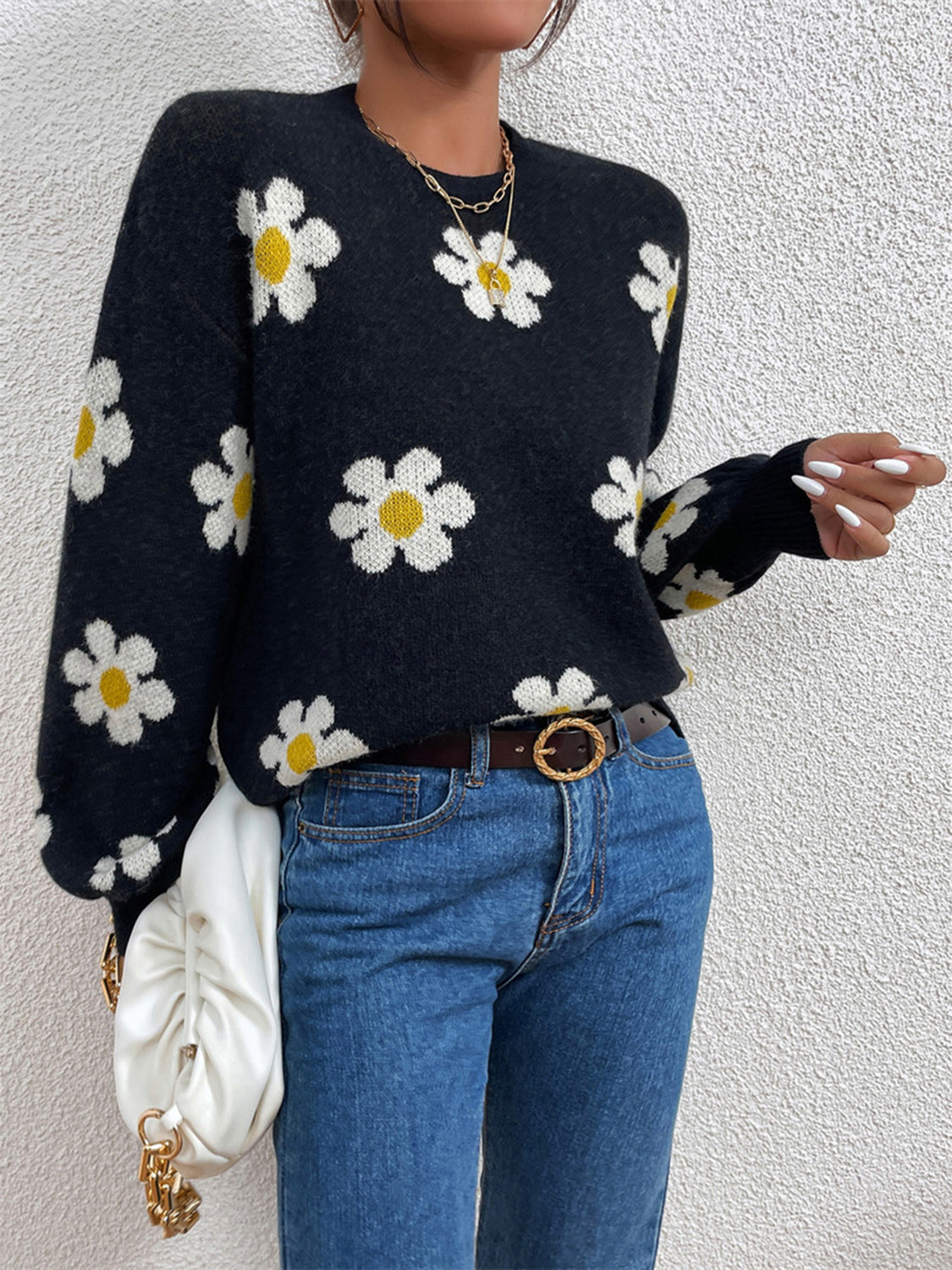 Flower Round Neck Latern Sleeve Sweater - The Boutie Shop