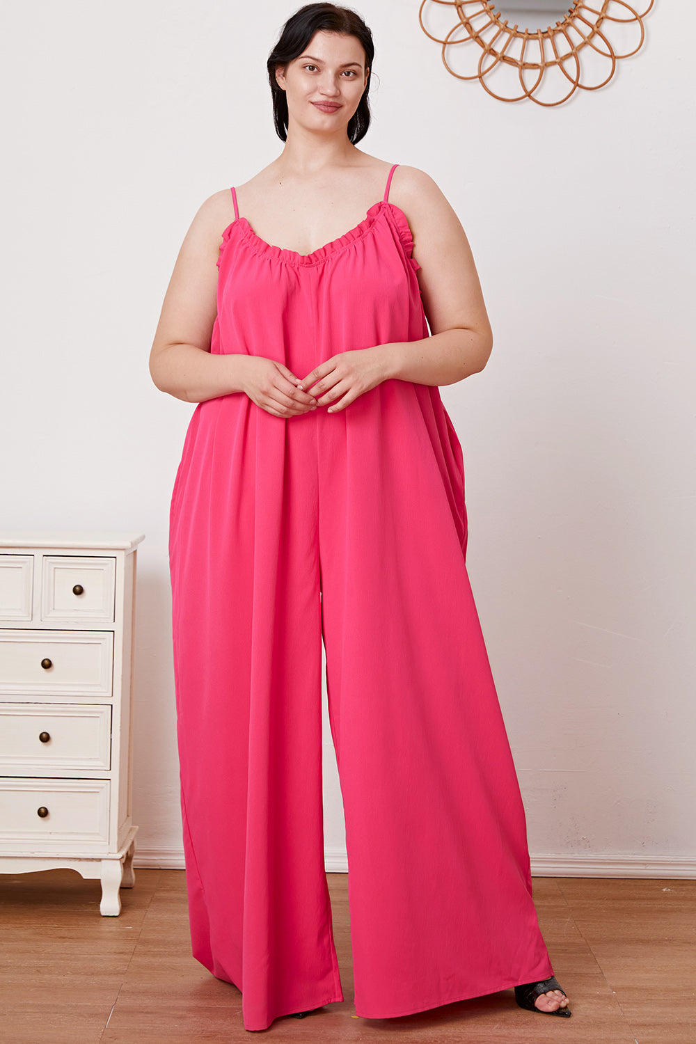 Double Take Full Size Ruffle Trim Tie Back Cami Jumpsuit with Pockets - The Boutie Shop