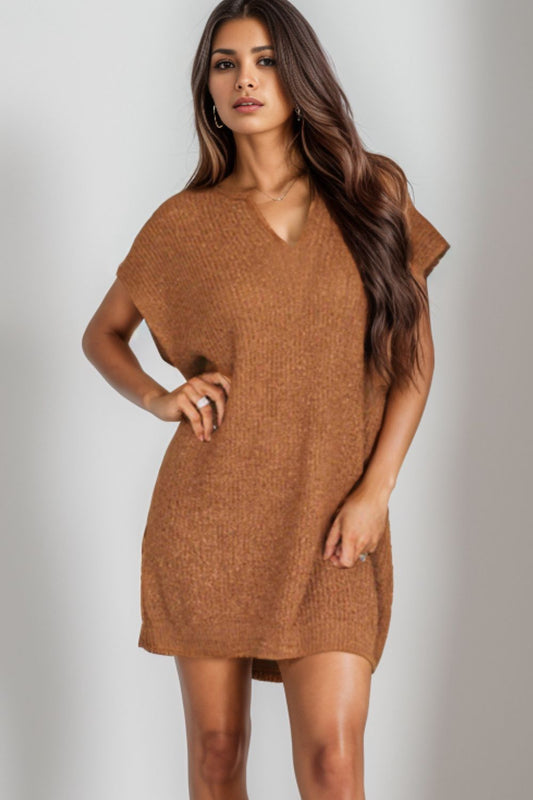 Notched Cap Sleeve Mini Sweater Dress - The Boutie Shop