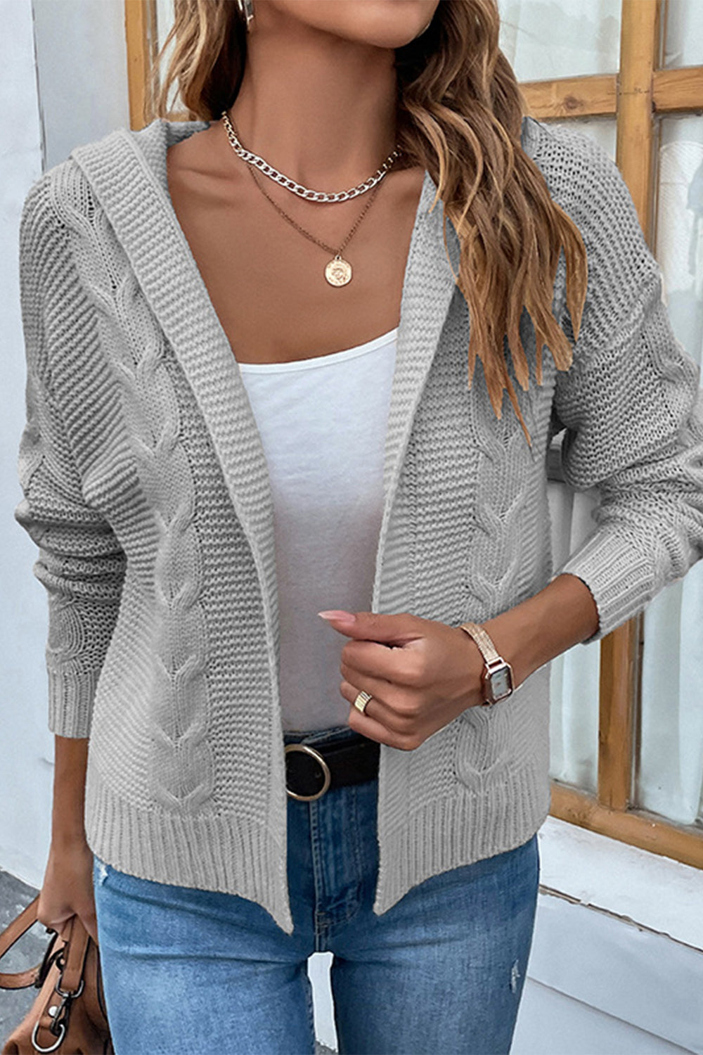 Cable-Knit Dropped Shoulder Hooded Cardigan - The Boutie Shop