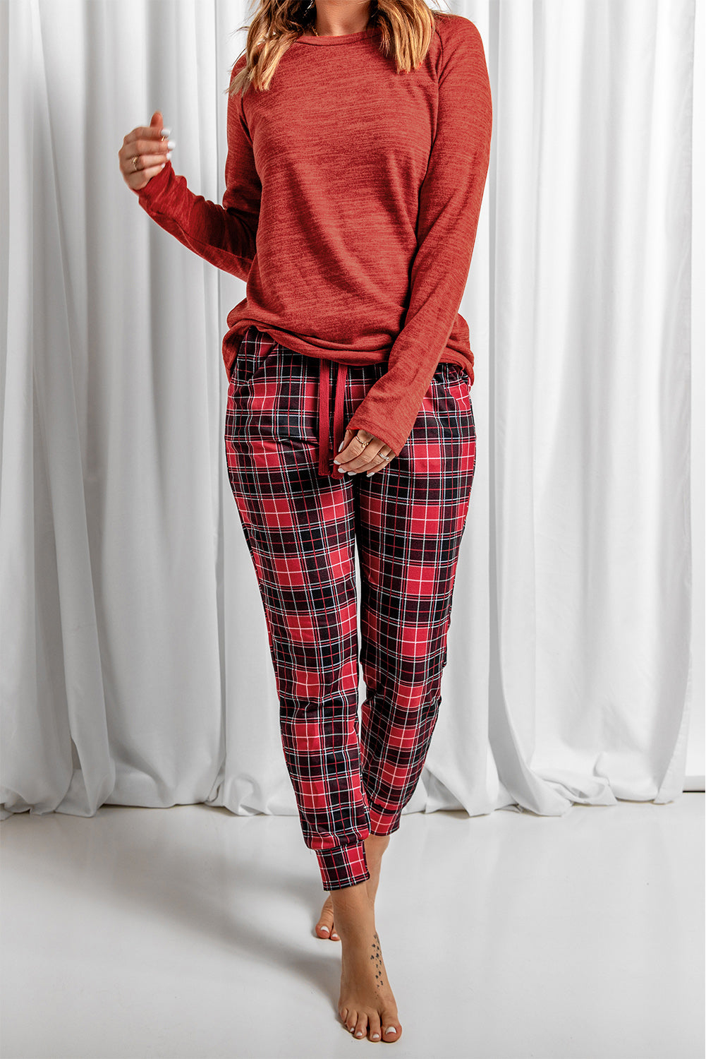 Round Neck Top and Drawstring Plaid Pants Lounge Set - The Boutie Shop