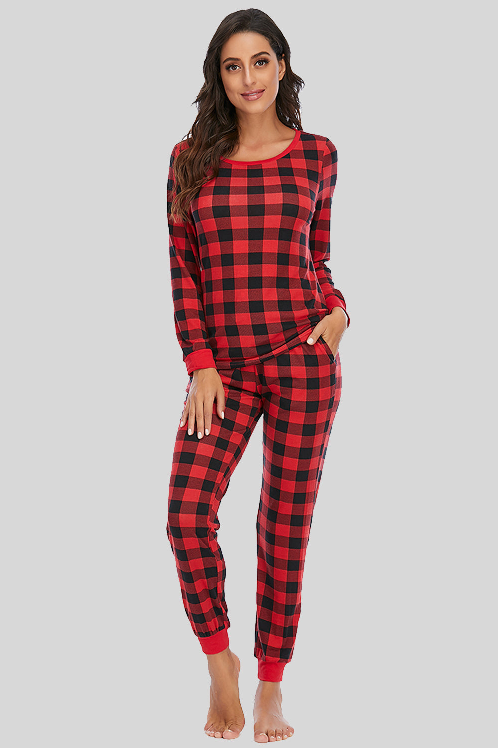 Plaid Round Neck Top and Pants Set - The Boutie Shop