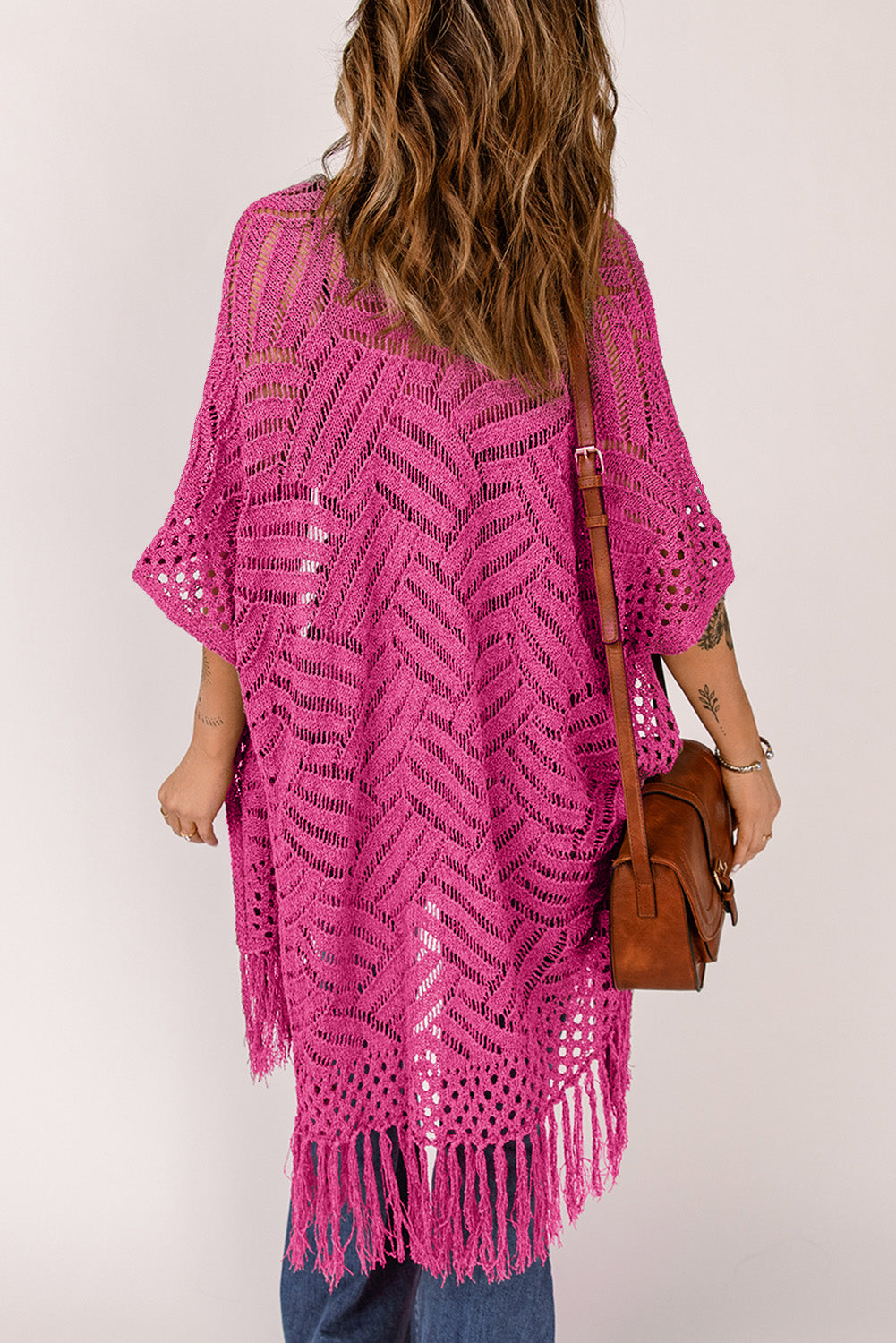 Openwork Open Front Cardigan with Fringes - The Boutie Shop