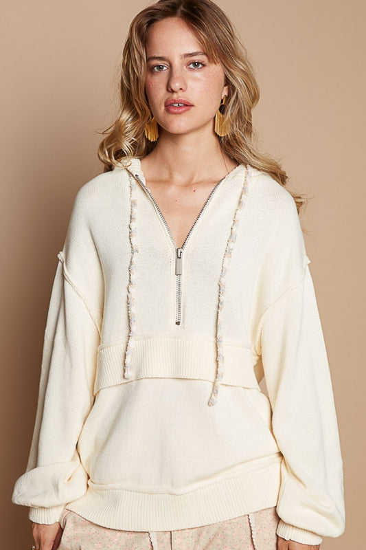 POL Half Zip Drop Shoulder Hooded Sweater - The Boutie Shop