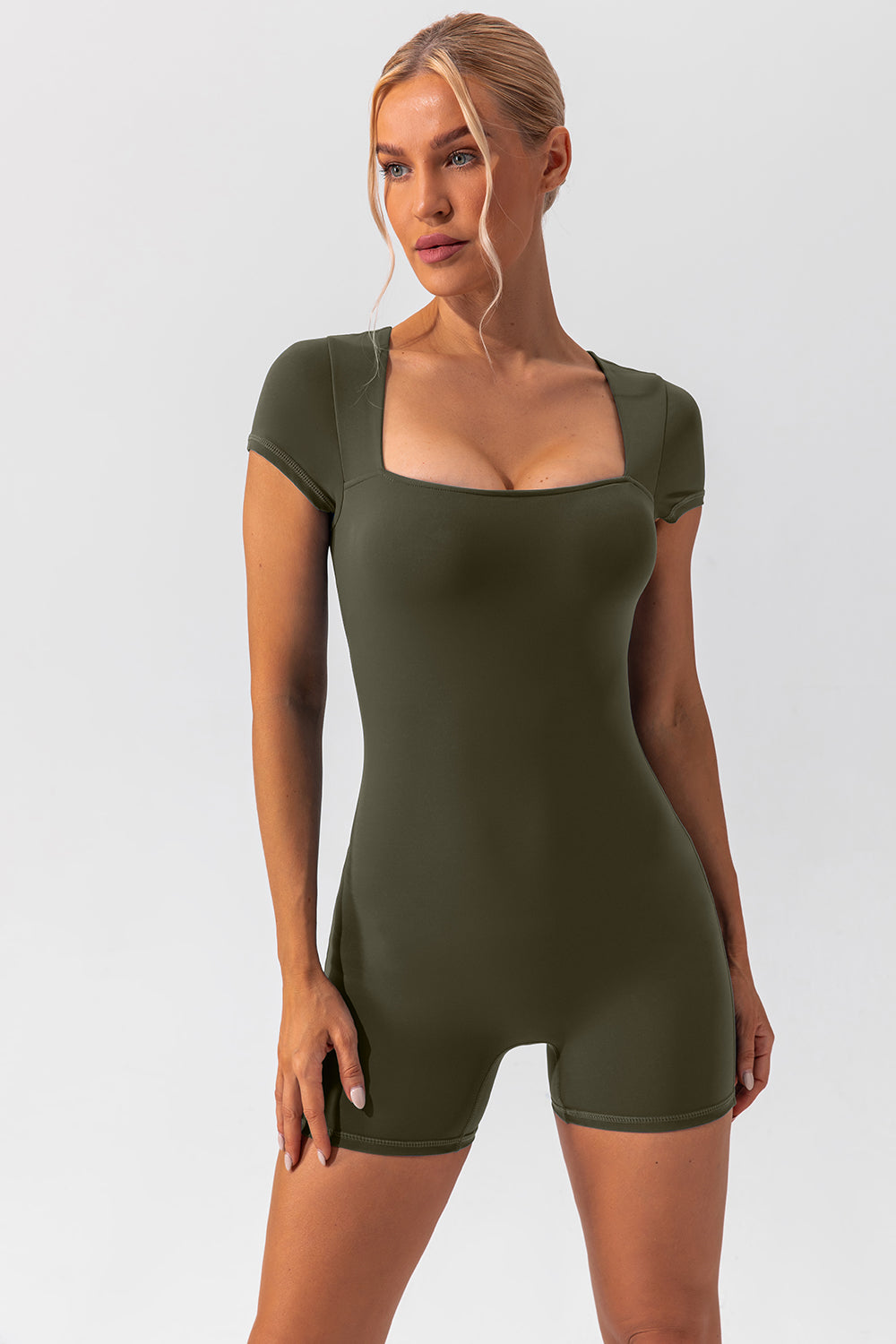 Square Neck Cap Sleeve Active Romper - The Boutie Shop