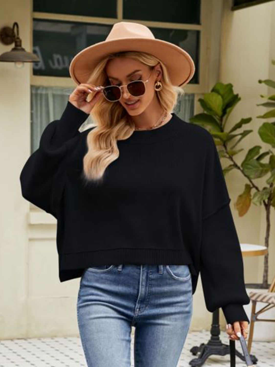 Round Neck Dropped Shoulder Sweater - The Boutie Shop