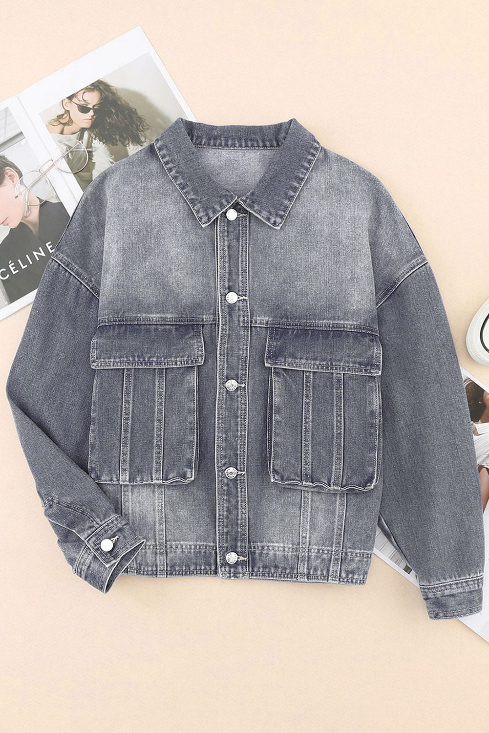 Button Up Dropped Shoulder Denim Jacket with Pockets - The Boutie Shop