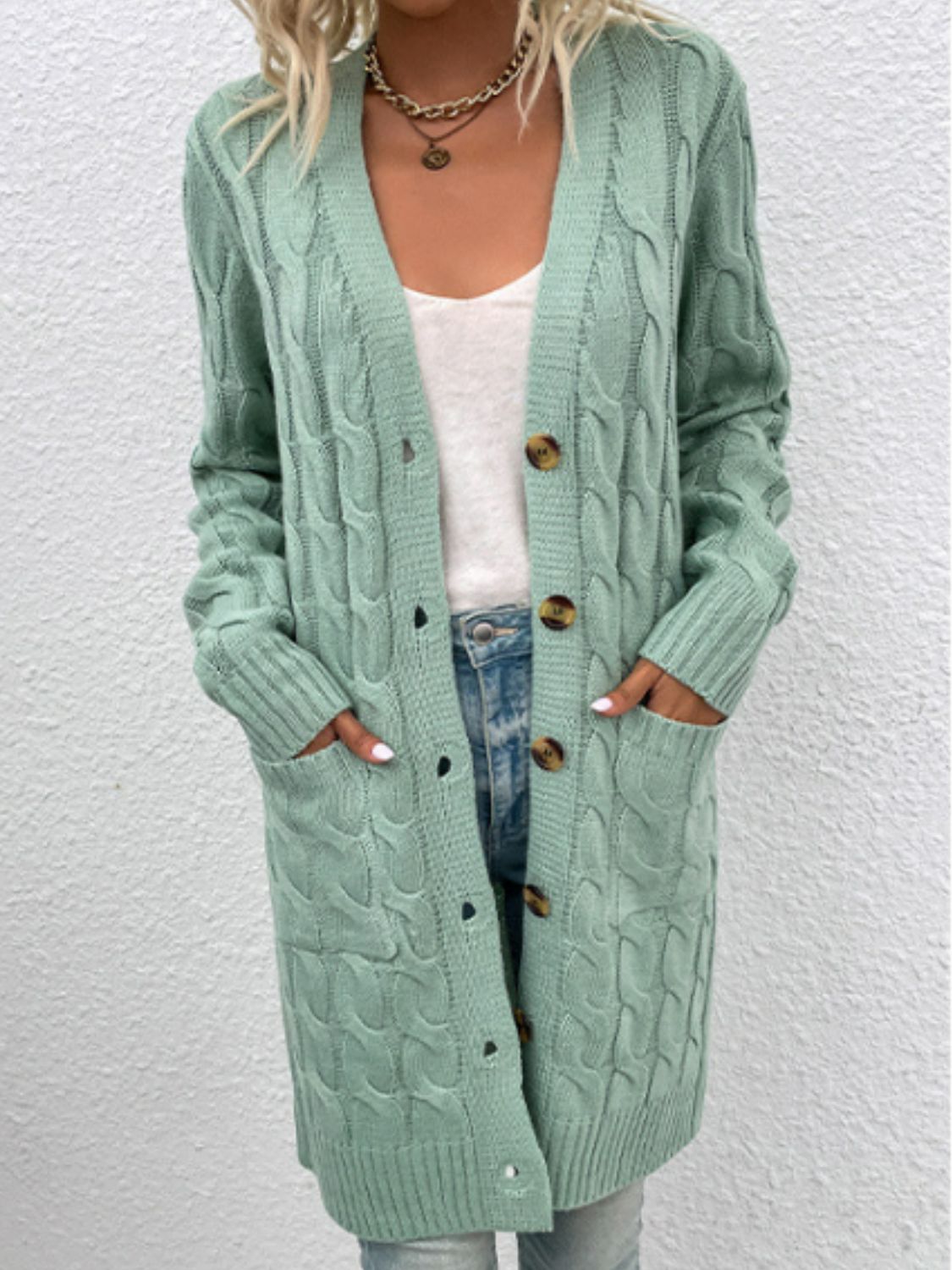 Cable-Knit Button Down Cardigan with Pockets - The Boutie Shop