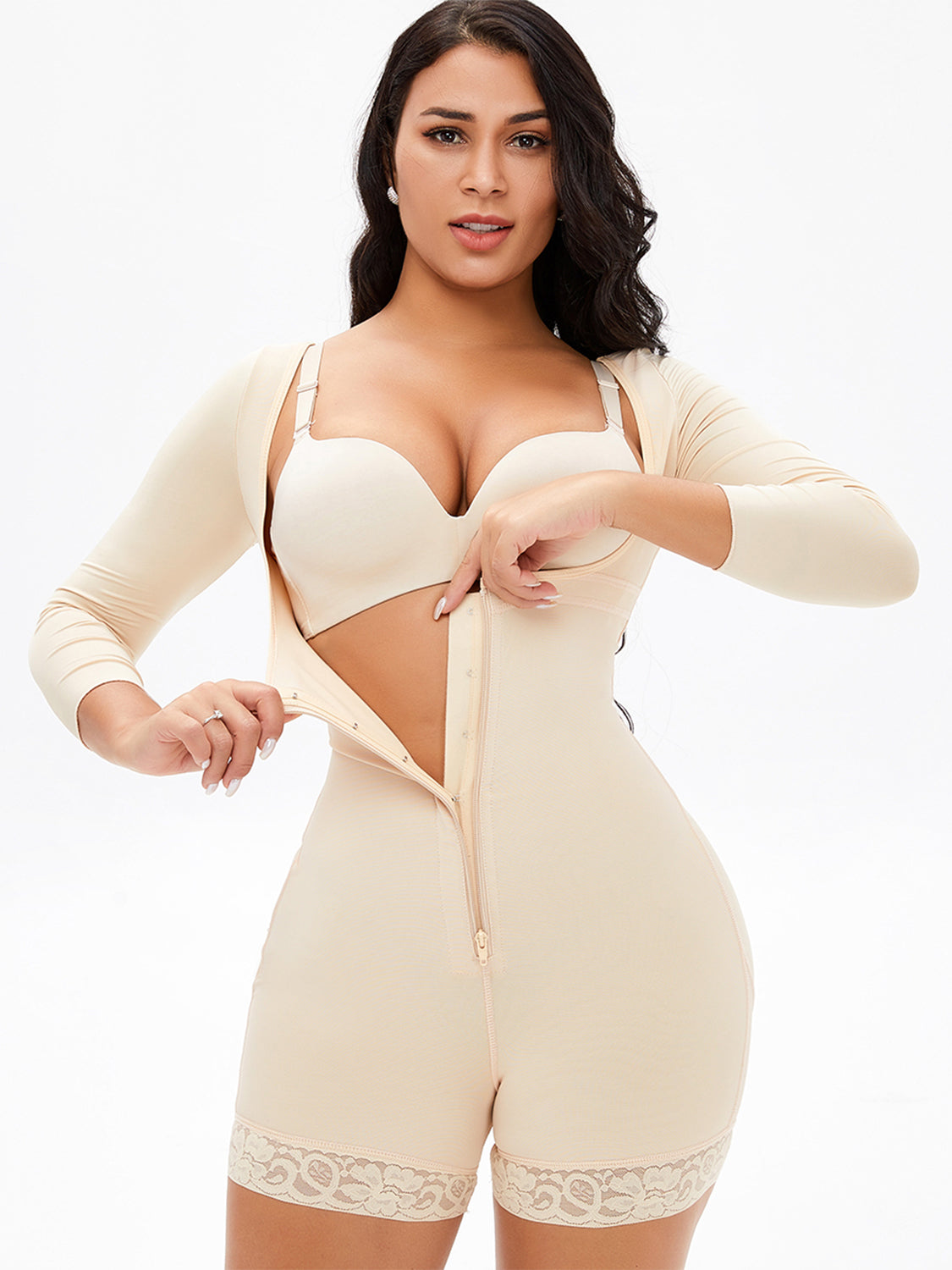 Full Size Zip Up Lace Detail Long Sleeve Shapewear - The Boutie Shop