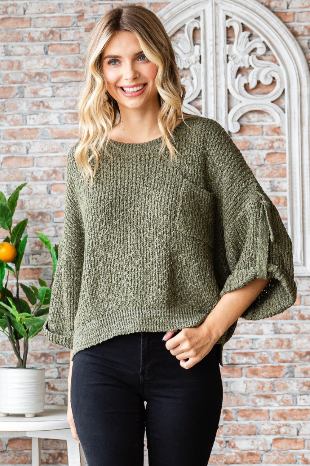 Veveret Round Neck Roll-Up Sweater - The Boutie Shop