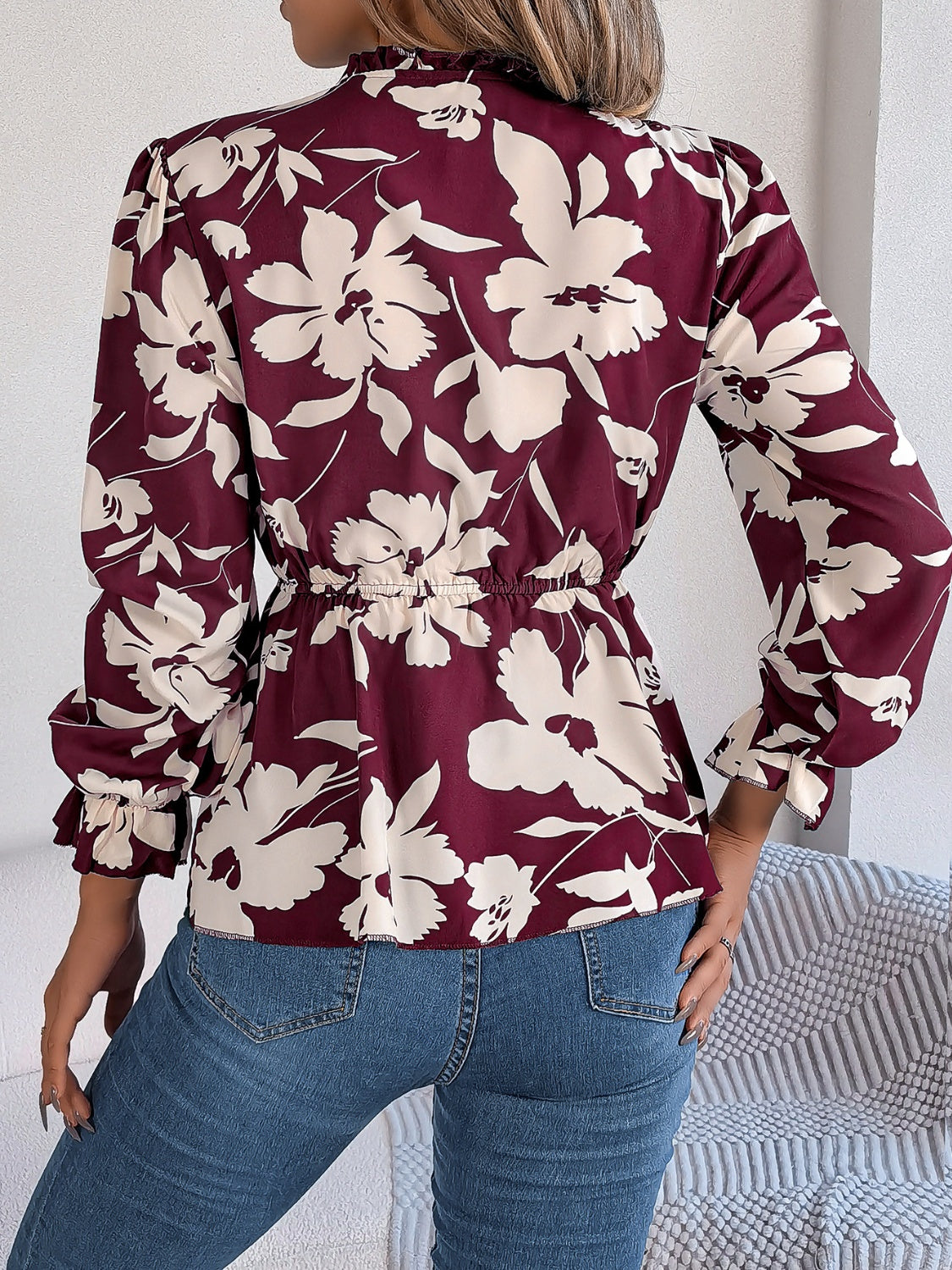 Printed Tie Neck Flounce Sleeve Blouse - The Boutie Shop