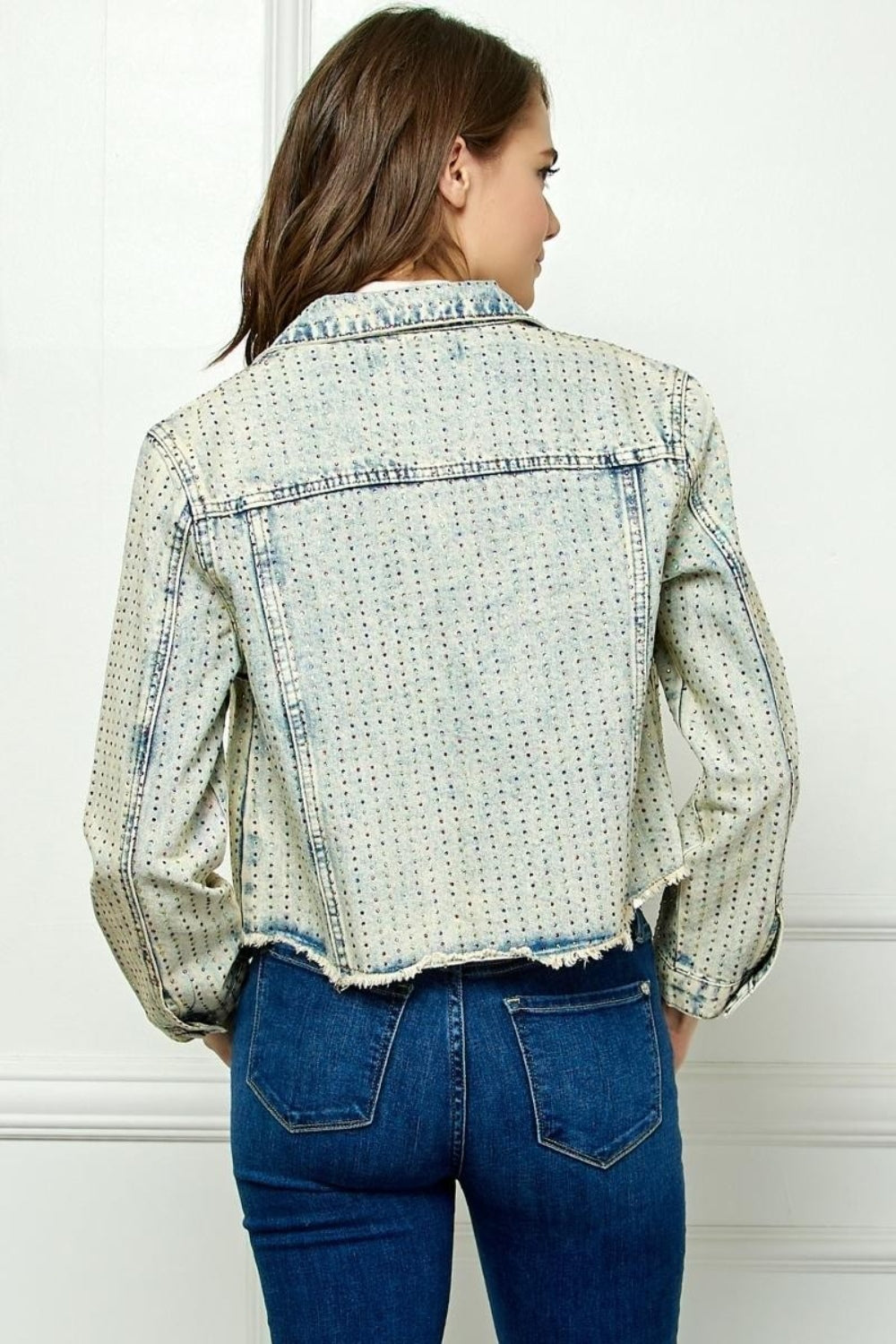 Veveret Multi Color Stripe Rhinestone Raw Hem Denim Jacket - The Boutie Shop