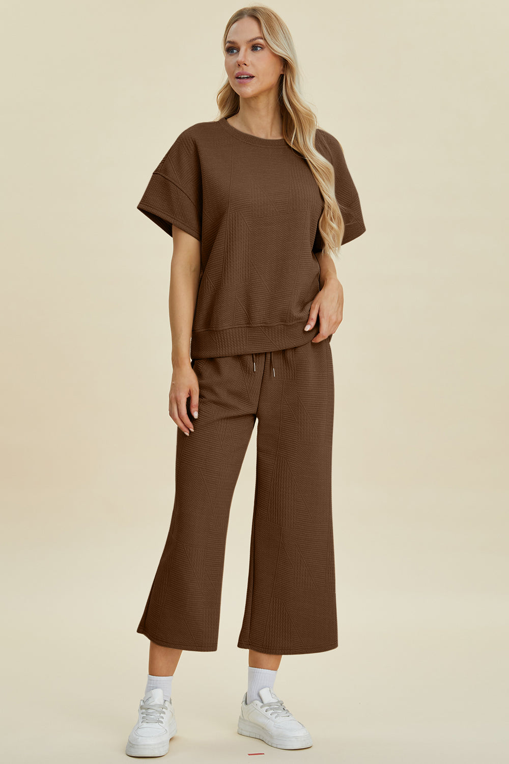 Double Take Full Size Texture Round Neck Top and Pants Set - The Boutie Shop