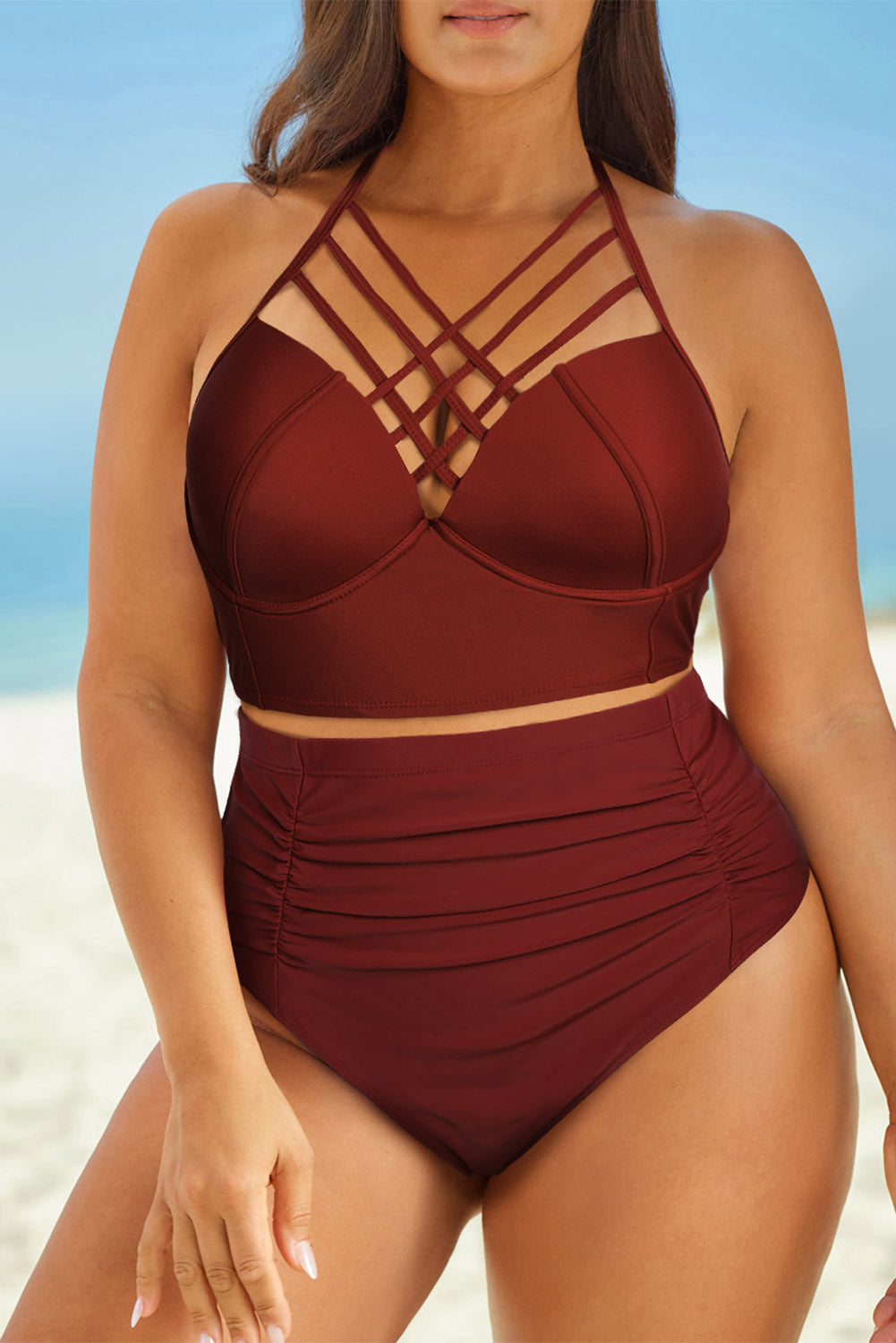 Full Size Halter Neck Crisscross Ruched Two-Piece Swimsuit - The Boutie Shop