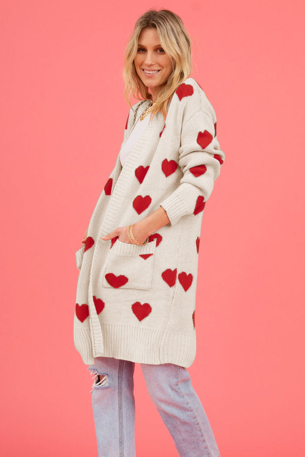 Heart Graphic Open Front Cardigan with Pockets - The Boutie Shop