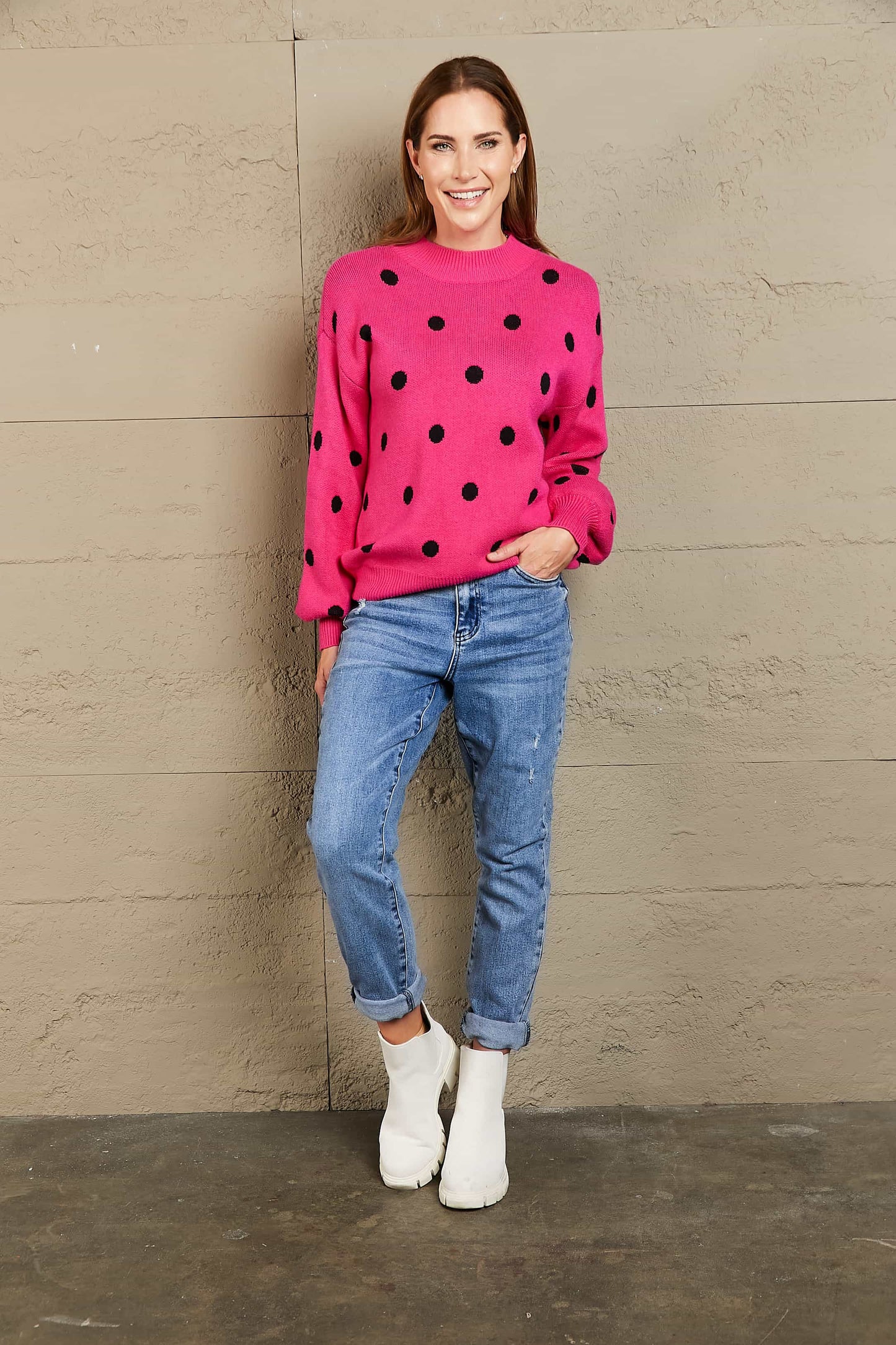 Angel Wings Woven Right Polka Dot Round Neck Dropped Shoulder Sweater - The Boutie Shop