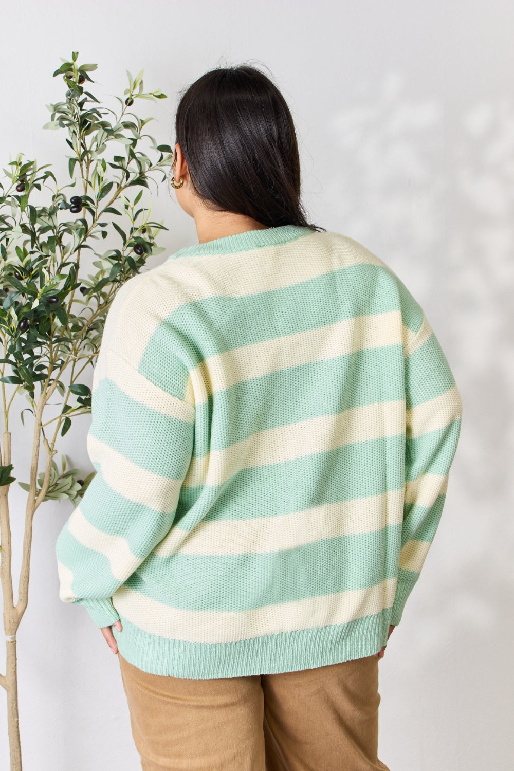 Sew In Love Full Size Contrast Striped Round Neck Sweater - The Boutie Shop