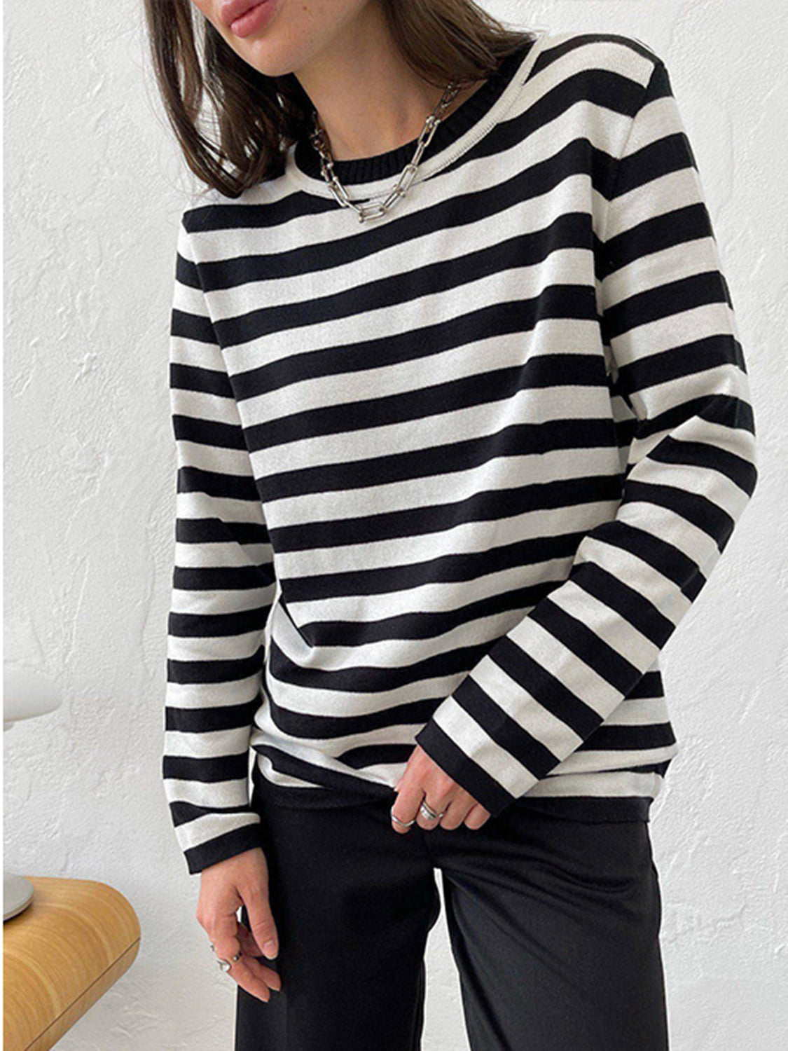 Striped Round Neck Long Sleeve Sweater - The Boutie Shop