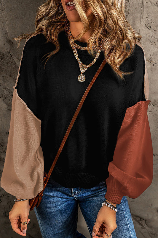 Contrast Round Neck Dropped Shoulder Sweater - The Boutie Shop