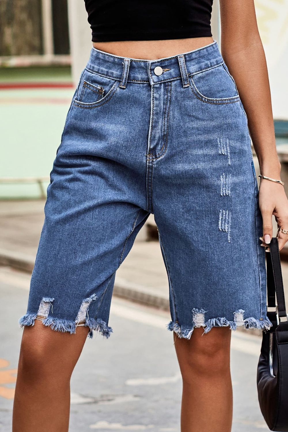 Raw Hem High Waist Denim Shorts with Pockets - The Boutie Shop