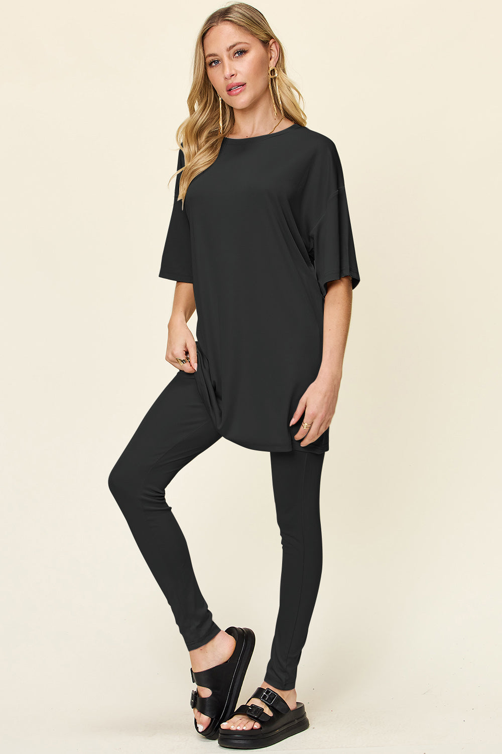 Double Take Full Size Round Neck Dropped Shoulder T-Shirt and Leggings Set - The Boutie Shop