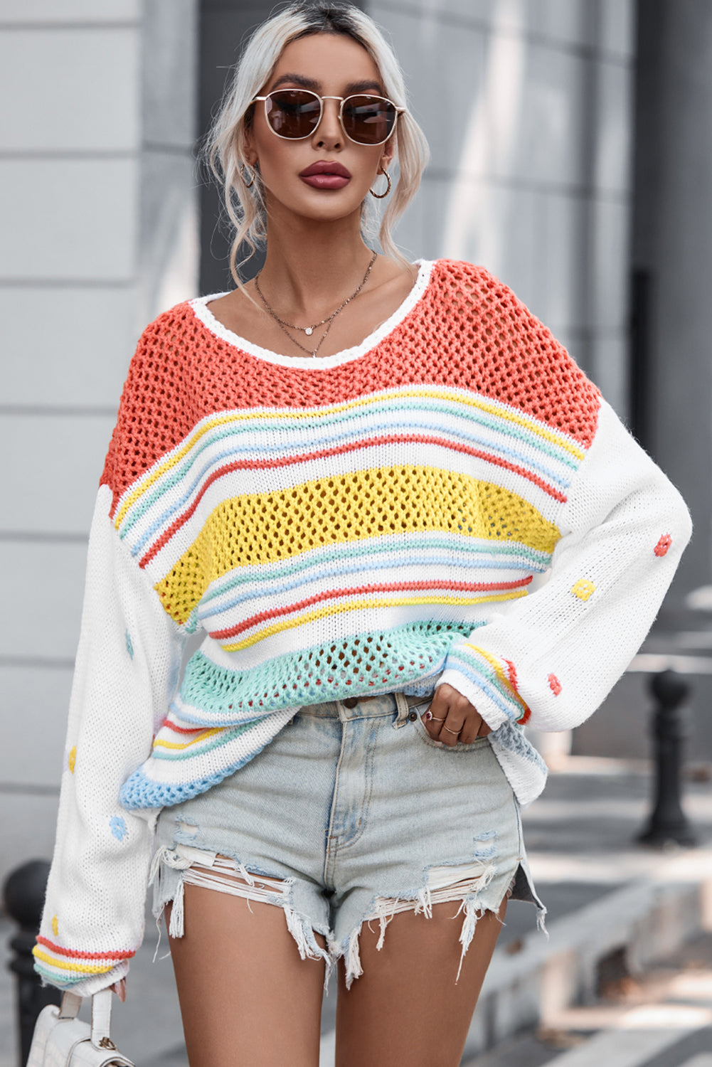 Openwork Striped Round Neck Long Sleeve Sweater - The Boutie Shop