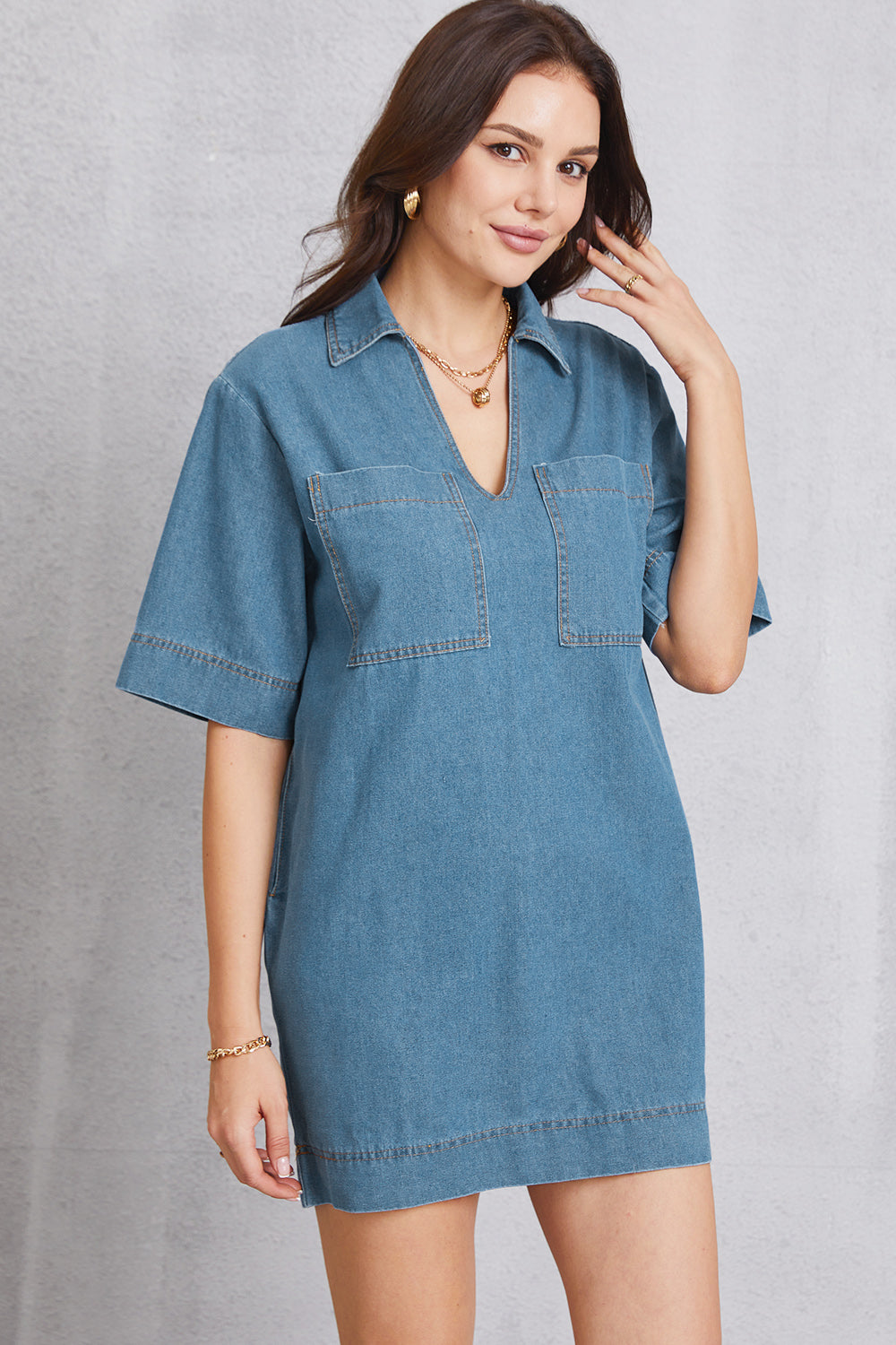 Pocketed Collared Neck Mini Denim Dress - The Boutie Shop