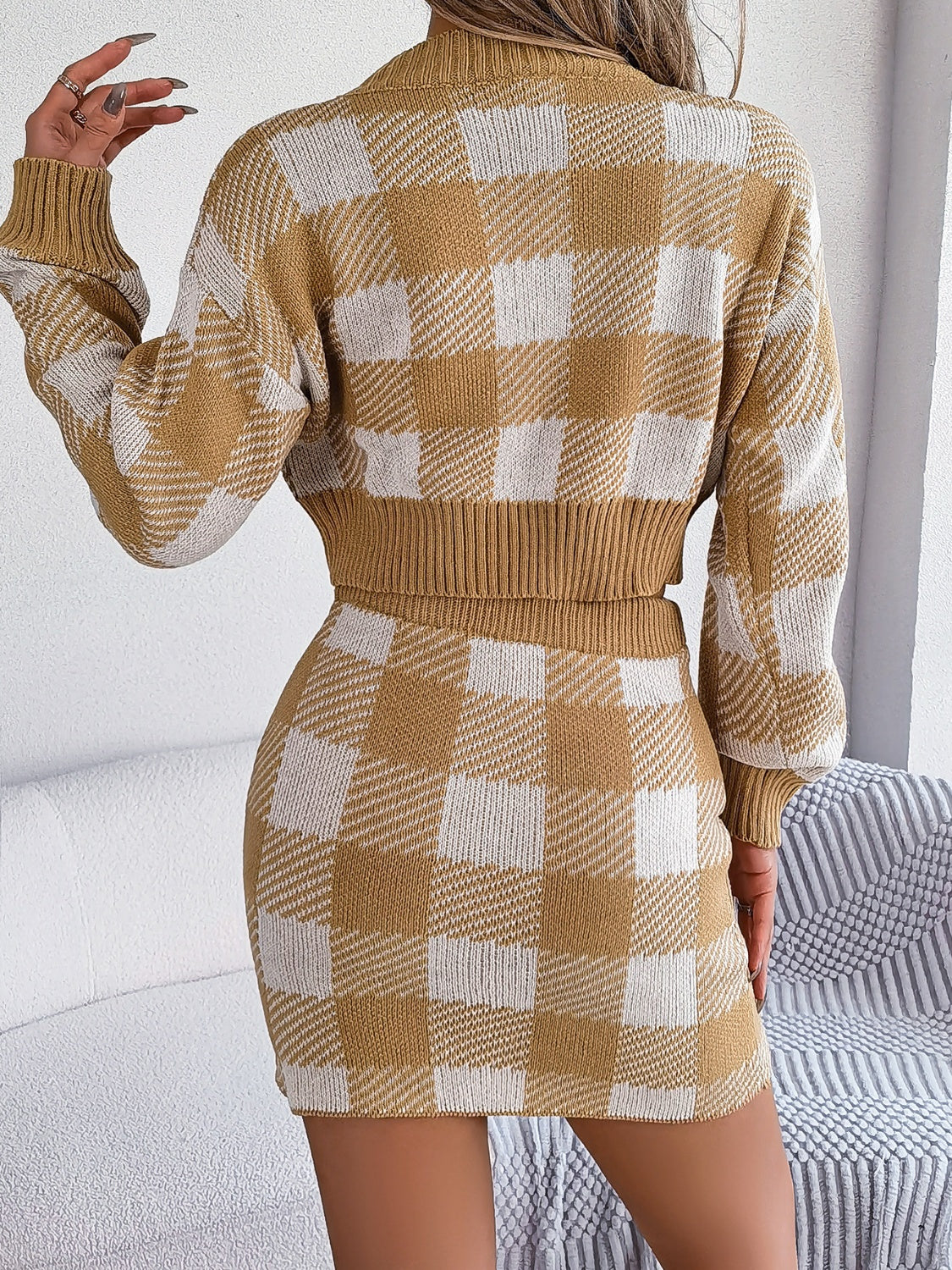 Plaid Round Neck Top and Skirt Sweater Set - The Boutie Shop