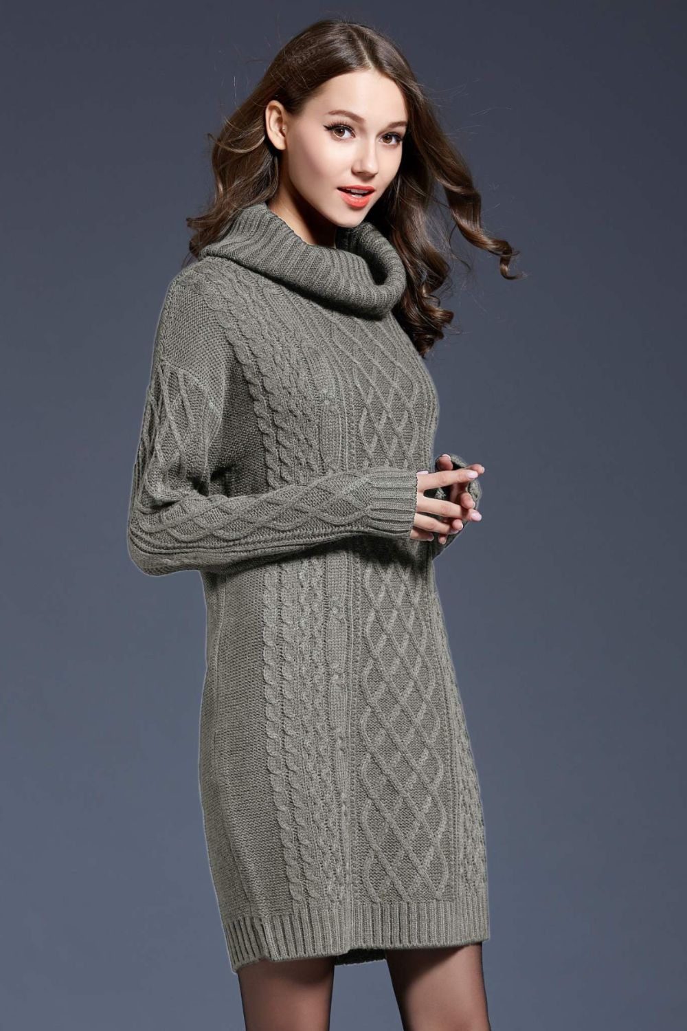 Woven Right Full Size Mixed Knit Cowl Neck Dropped Shoulder Sweater Dress - The Boutie Shop