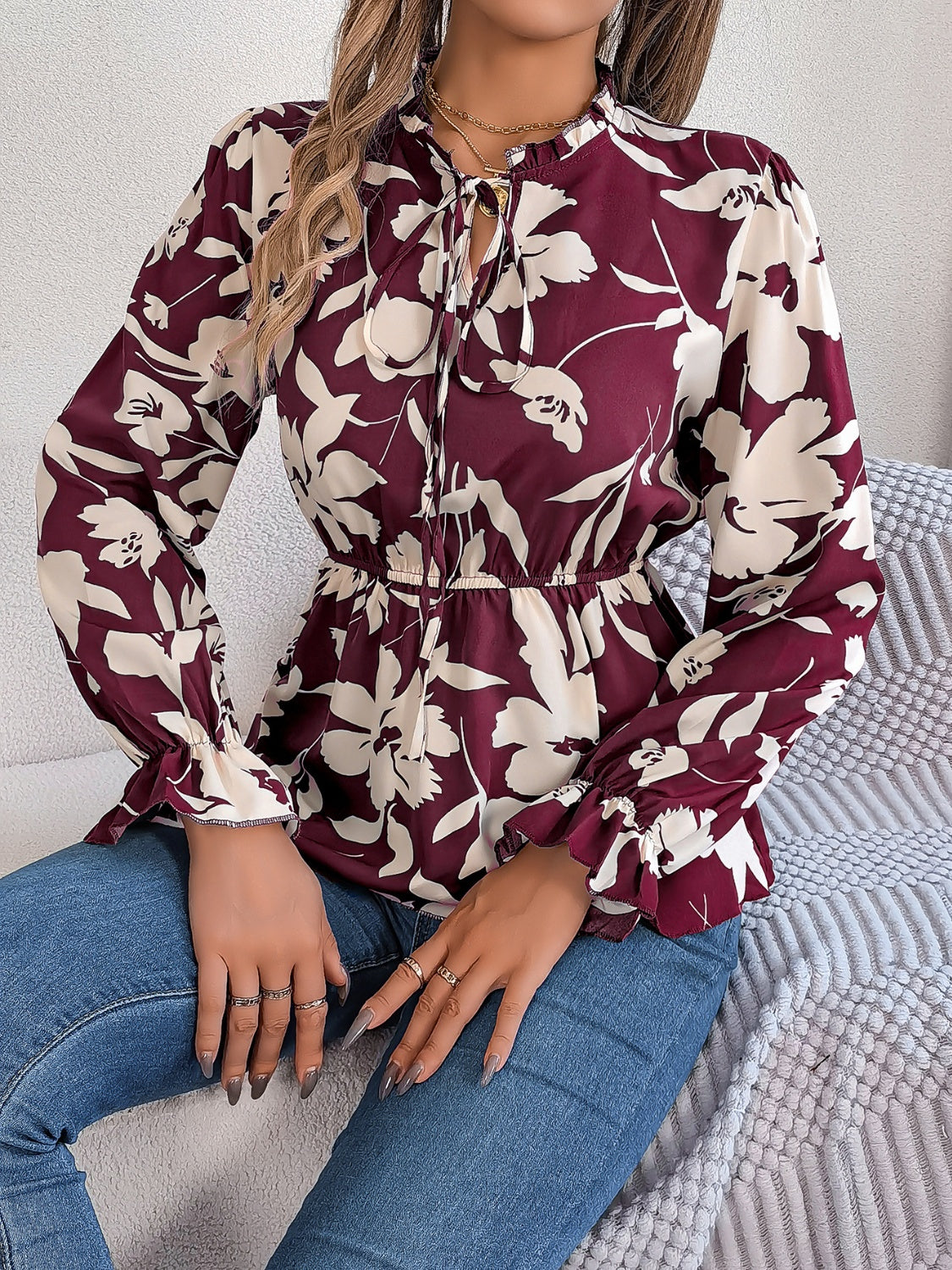 Printed Tie Neck Flounce Sleeve Blouse - The Boutie Shop