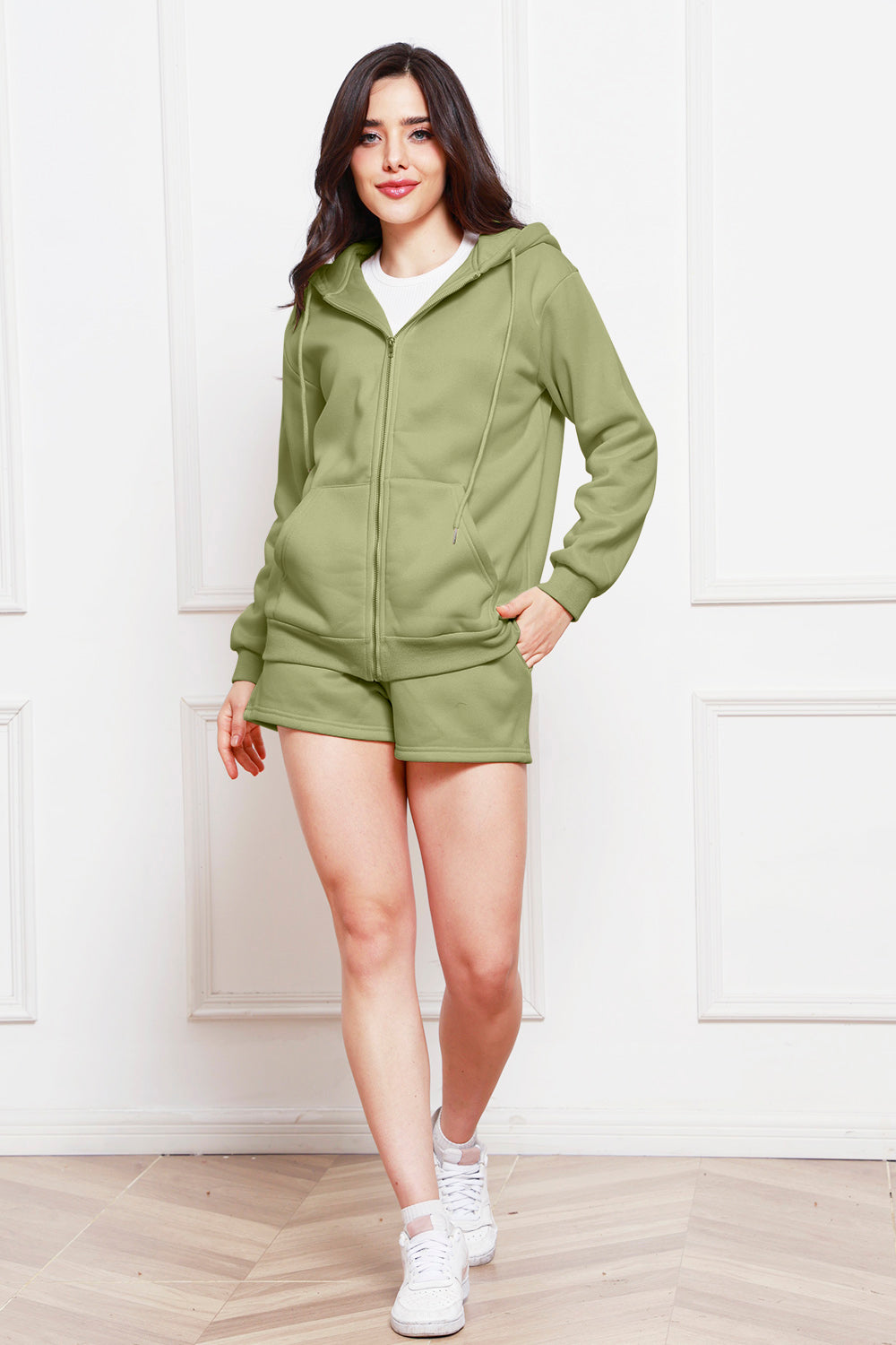 Zip Up Drawstring Hoodie and Shorts Set - The Boutie Shop