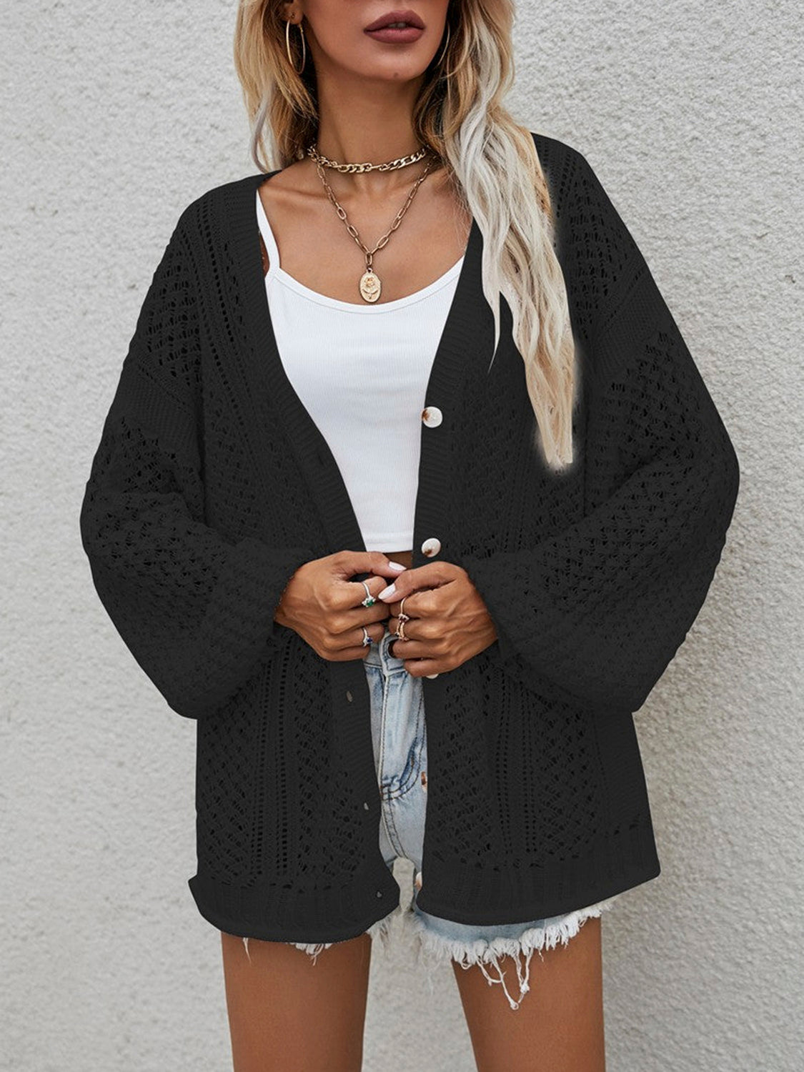 Openwork Button Front Cardigan - The Boutie Shop