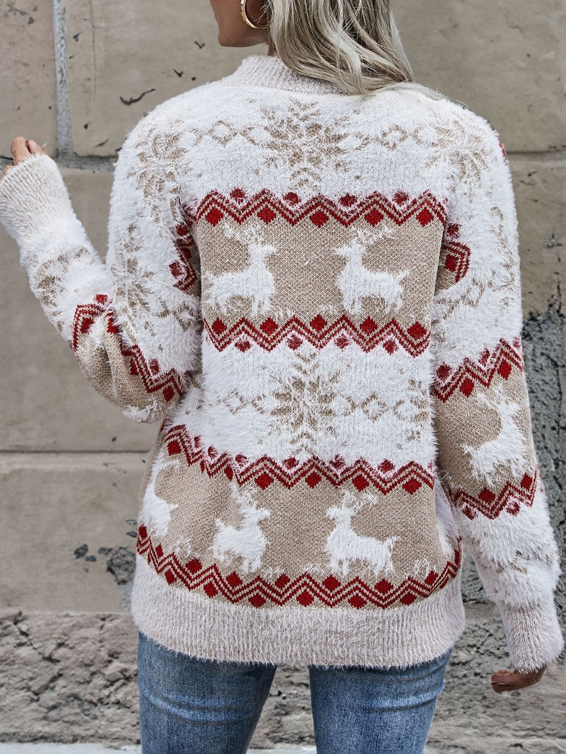 Reindeer & Snowflake Round Neck Sweater - The Boutie Shop