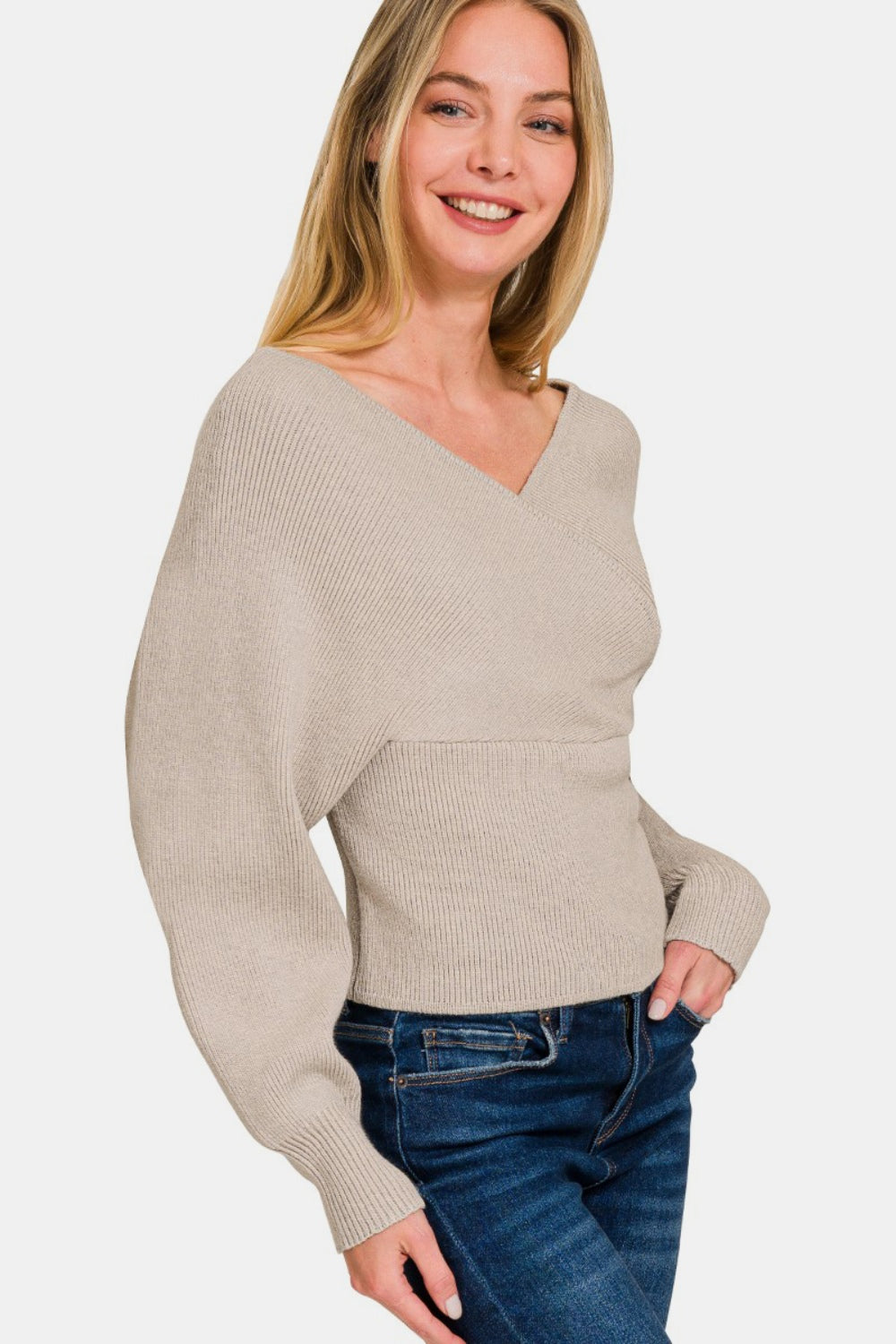 Zenana Cross Wrap Rib Long Sleeve Sweater - The Boutie Shop