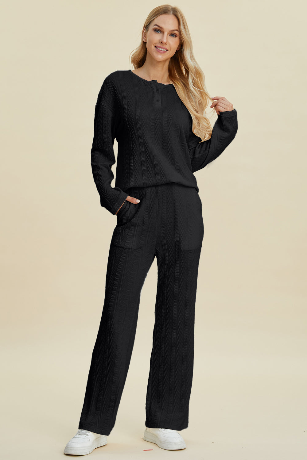 Double Take Full Size Cable-Knit Long Sleeve Top and Pants Set - The Boutie Shop