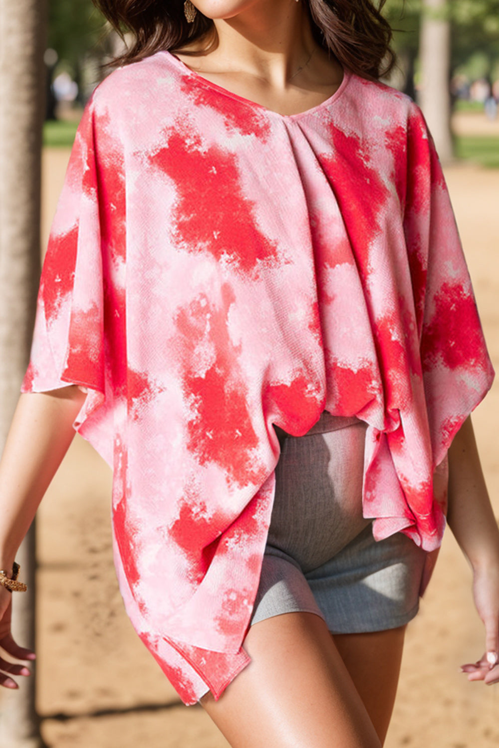 Plus Size Tie-Dye V-Neck Half Sleeve Blouse - The Boutie Shop