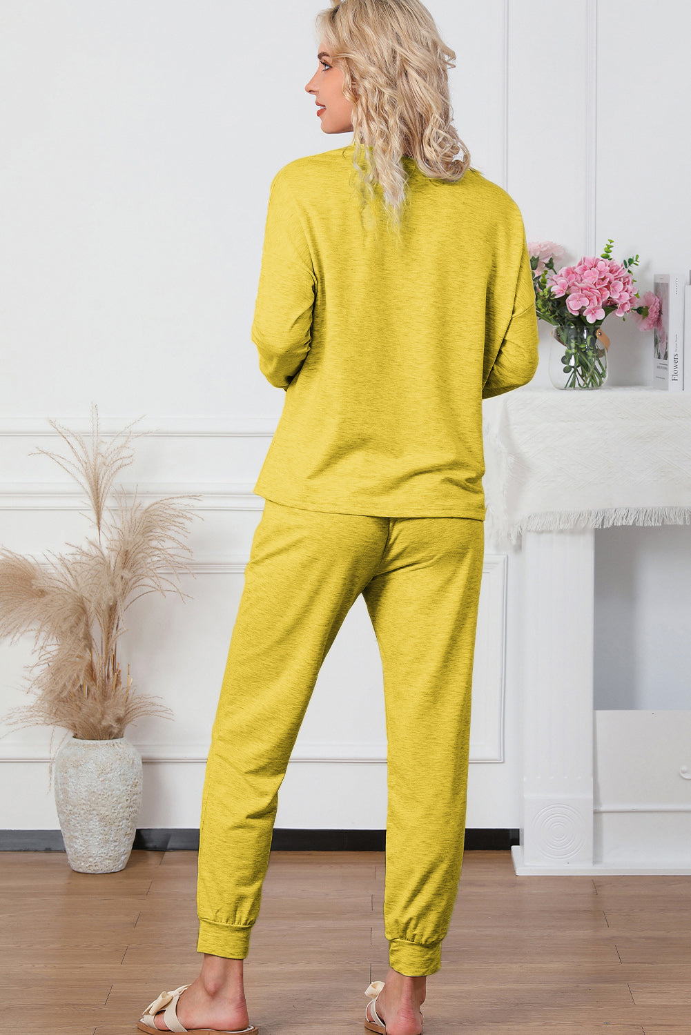 Round Neck Top and Drawstring Pants Lounge Set - The Boutie Shop