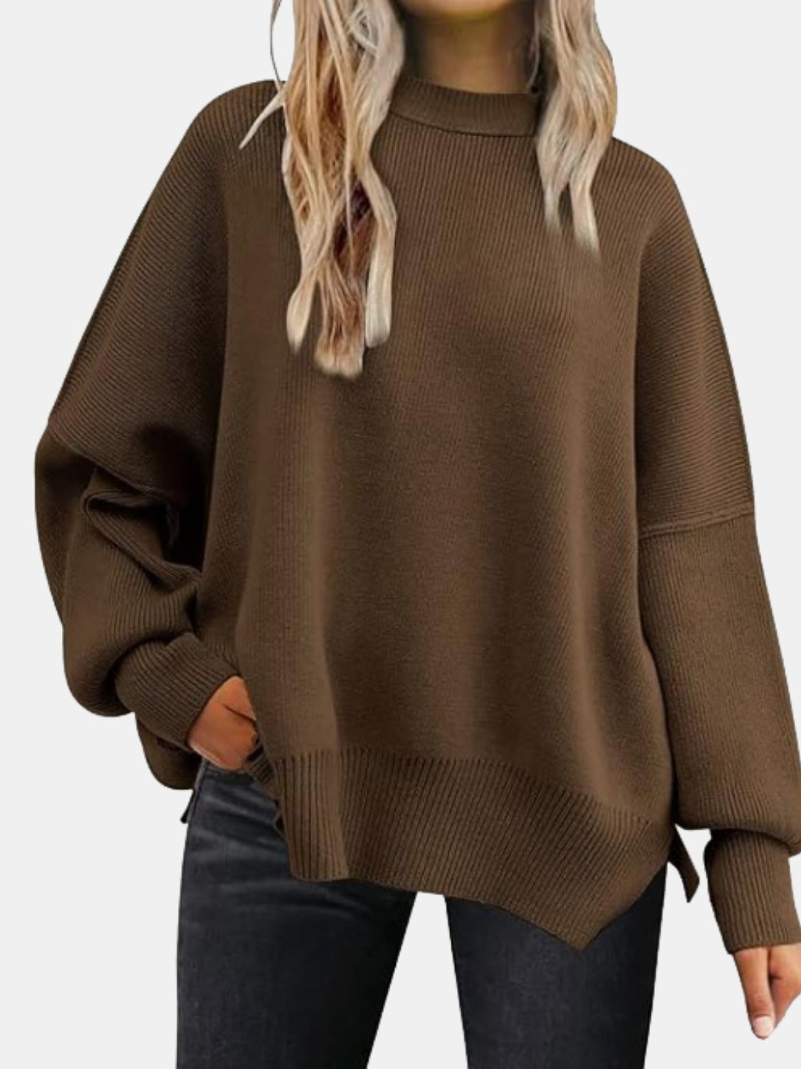 Round Neck Drop Shoulder Slit Sweater - The Boutie Shop