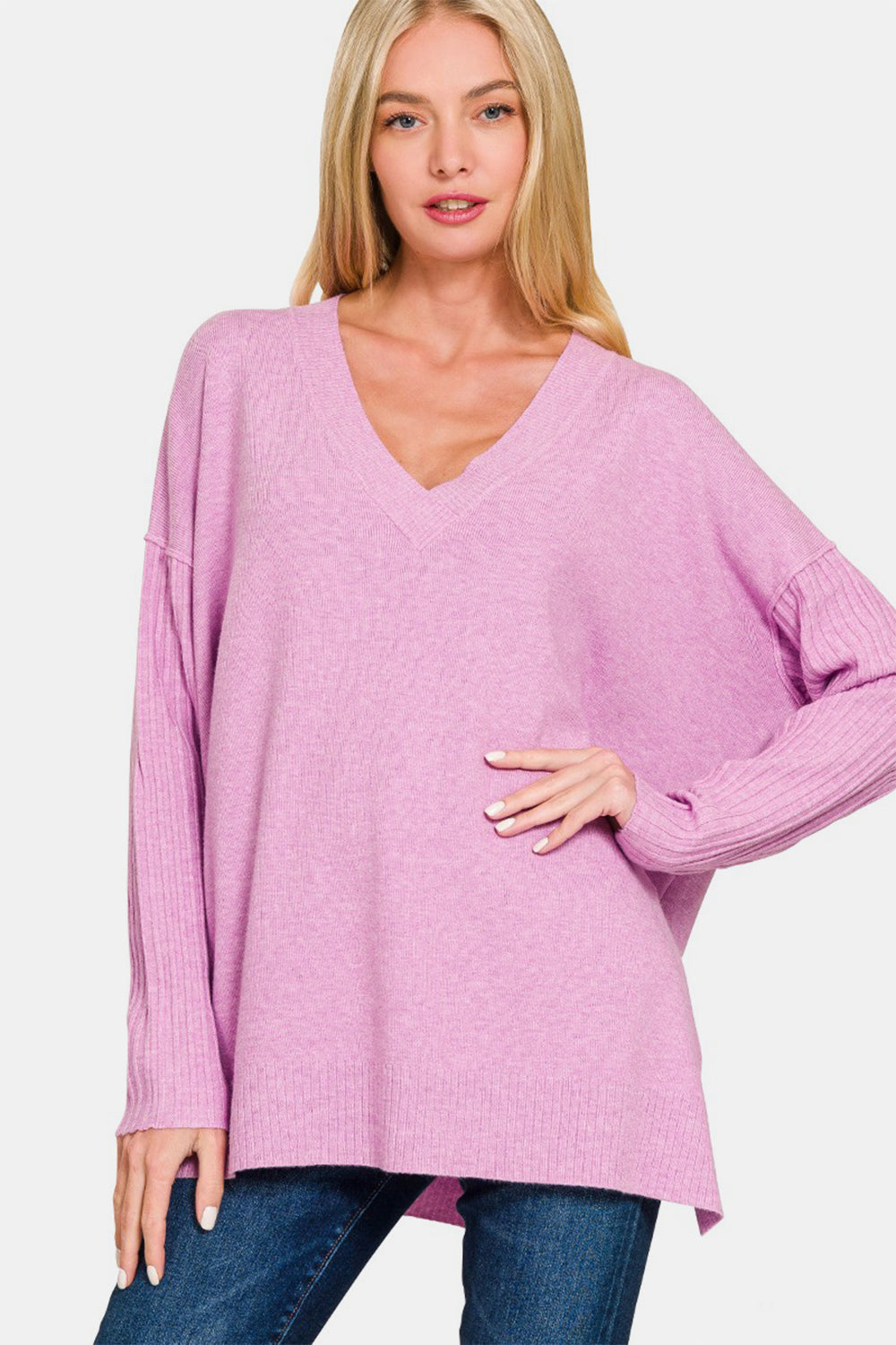 Zenana V-Neck Side Slit High-Low Sweater - The Boutie Shop