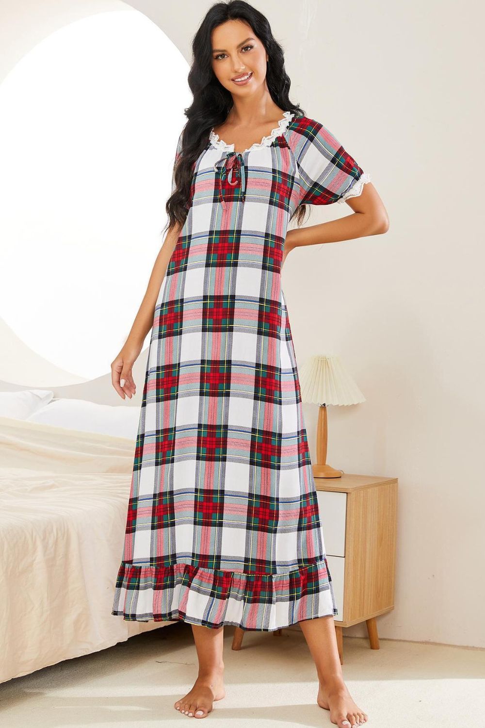 Plaid Lace Trim Ruffle Hem Night Dress - The Boutie Shop