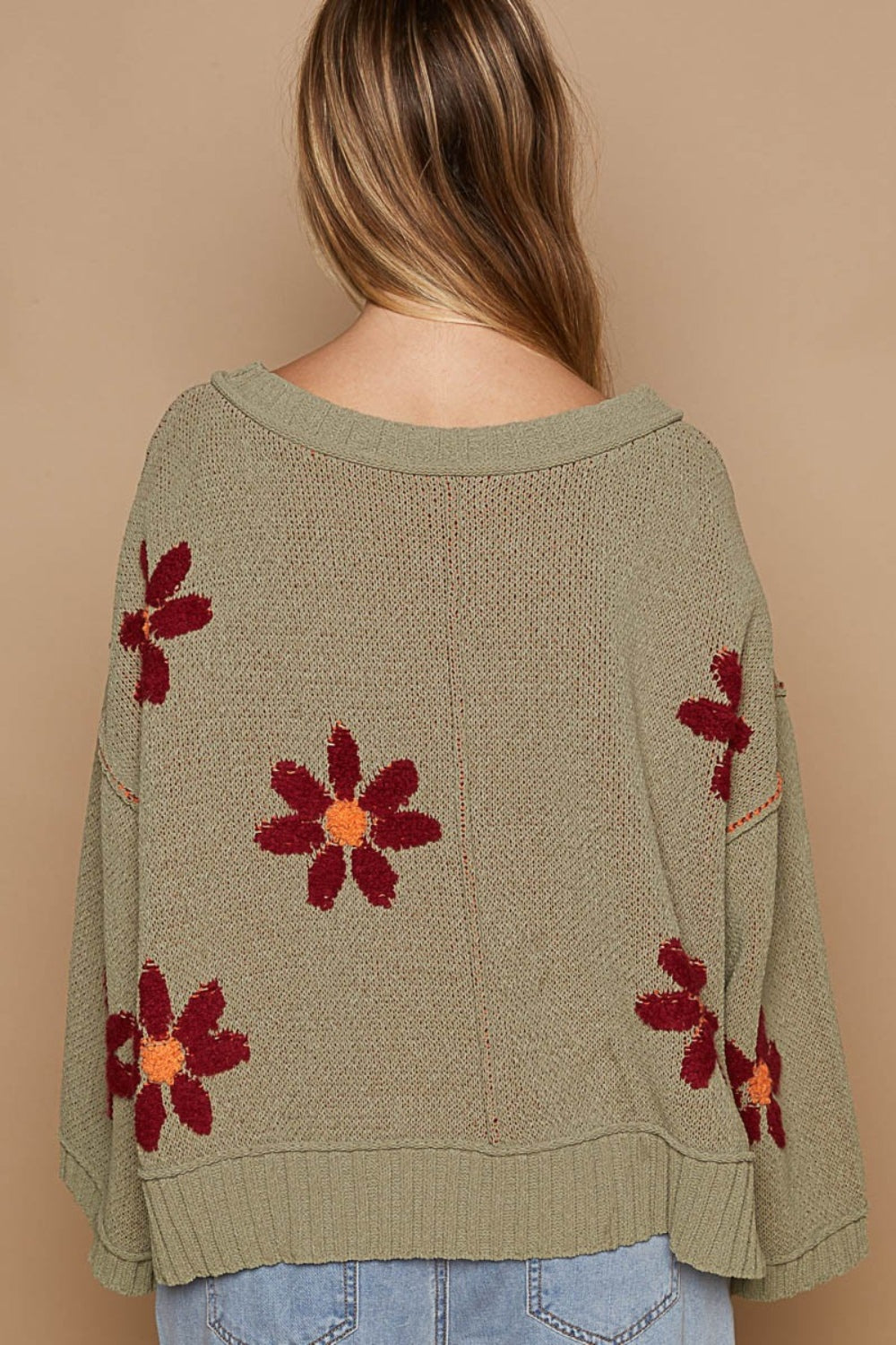 POL V-Neck Floral Pattern Chenille Sweater - The Boutie Shop