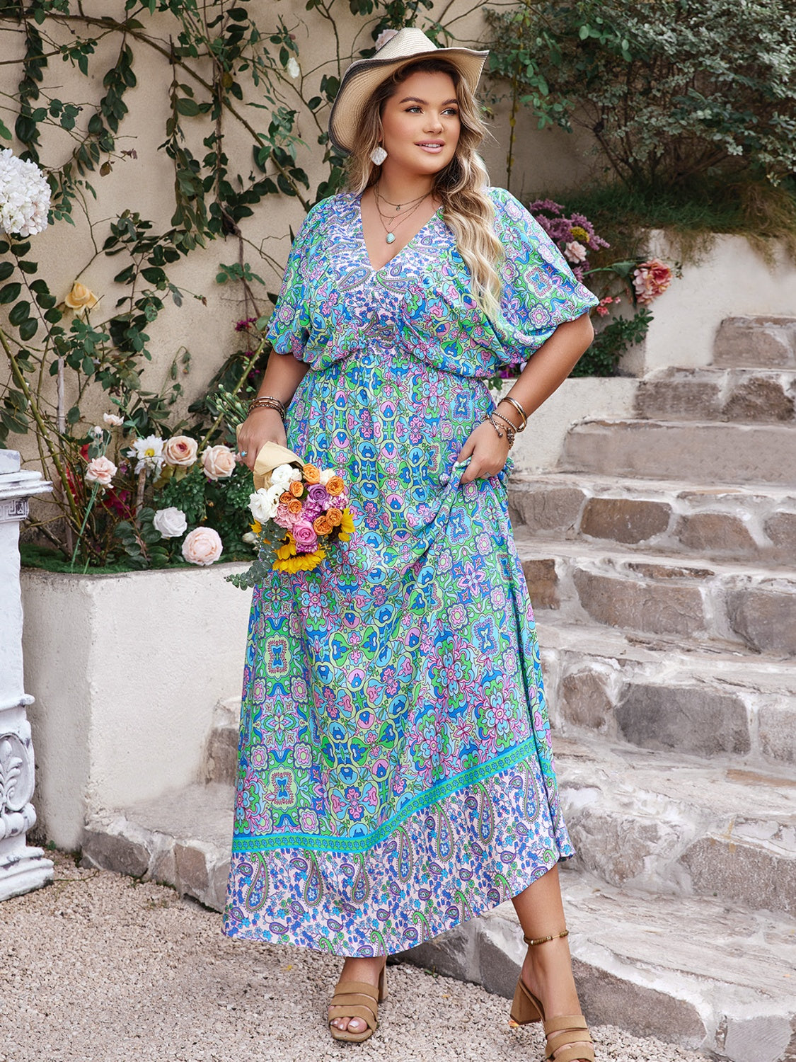 Plus Size Printed V-Neck Balloon Sleeve Dress - The Boutie Shop