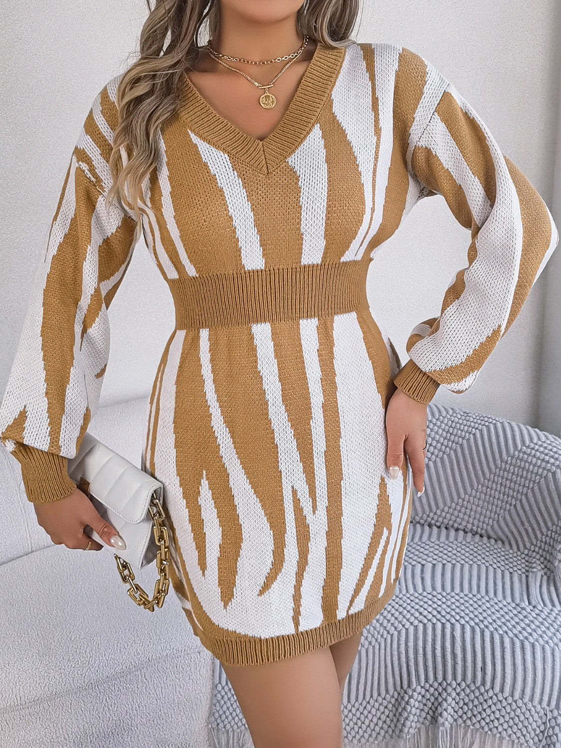 Animal Print V-Neck Long Sleeve Sweater Dress - The Boutie Shop