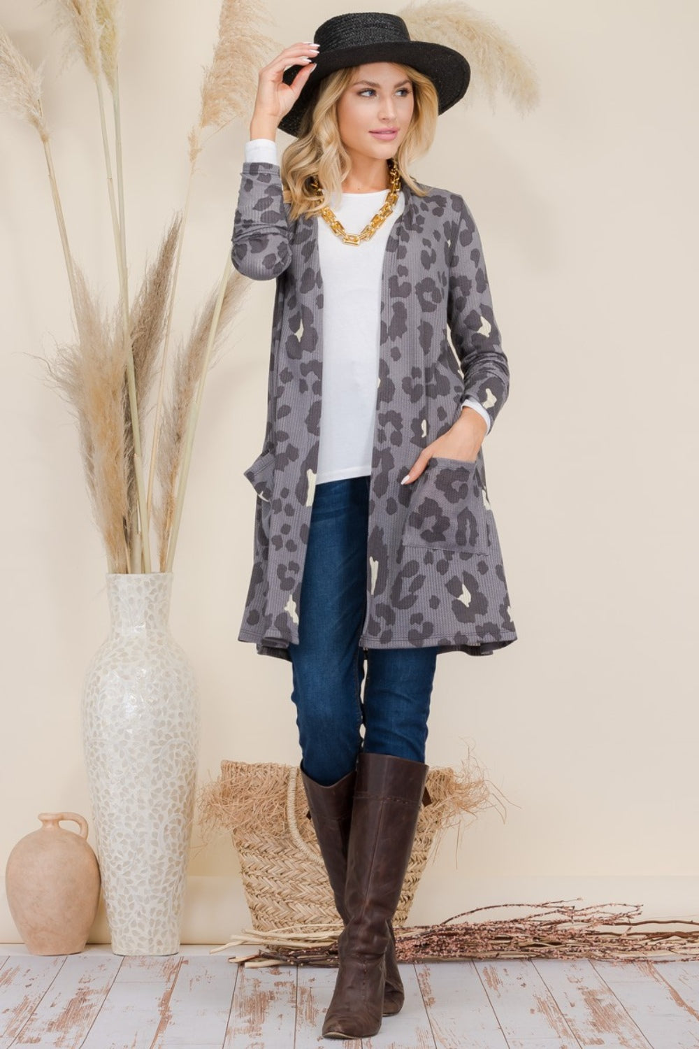 Celeste Full Size Leopard Open Front Contrast Cardigan - The Boutie Shop